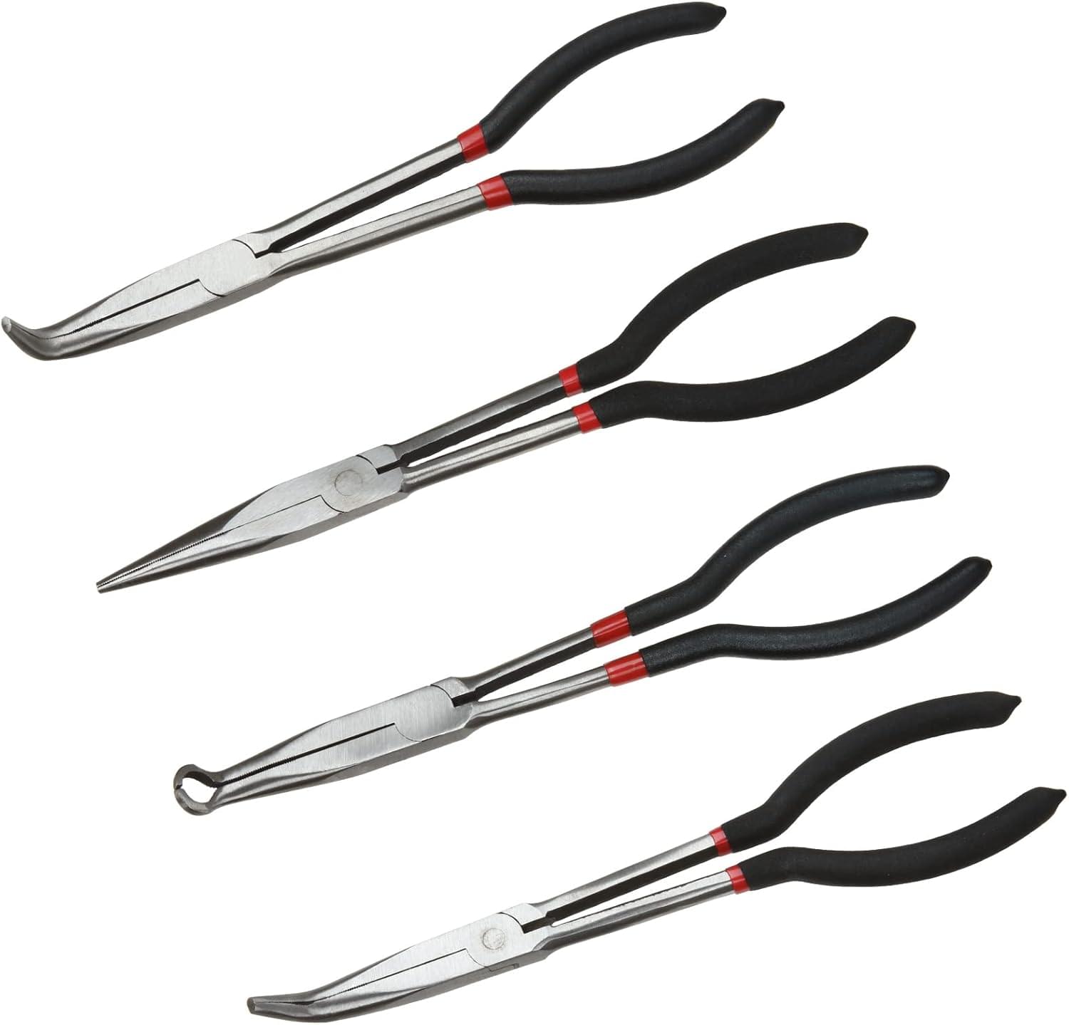 Set 4 clești profesionali lungi 28 cm – clește drept, clește vârf 90°, clește vârf 45°, clește tip o pentru furtun – trusă de scule auto, reparații, bricolaj si husatransport, onuvio®