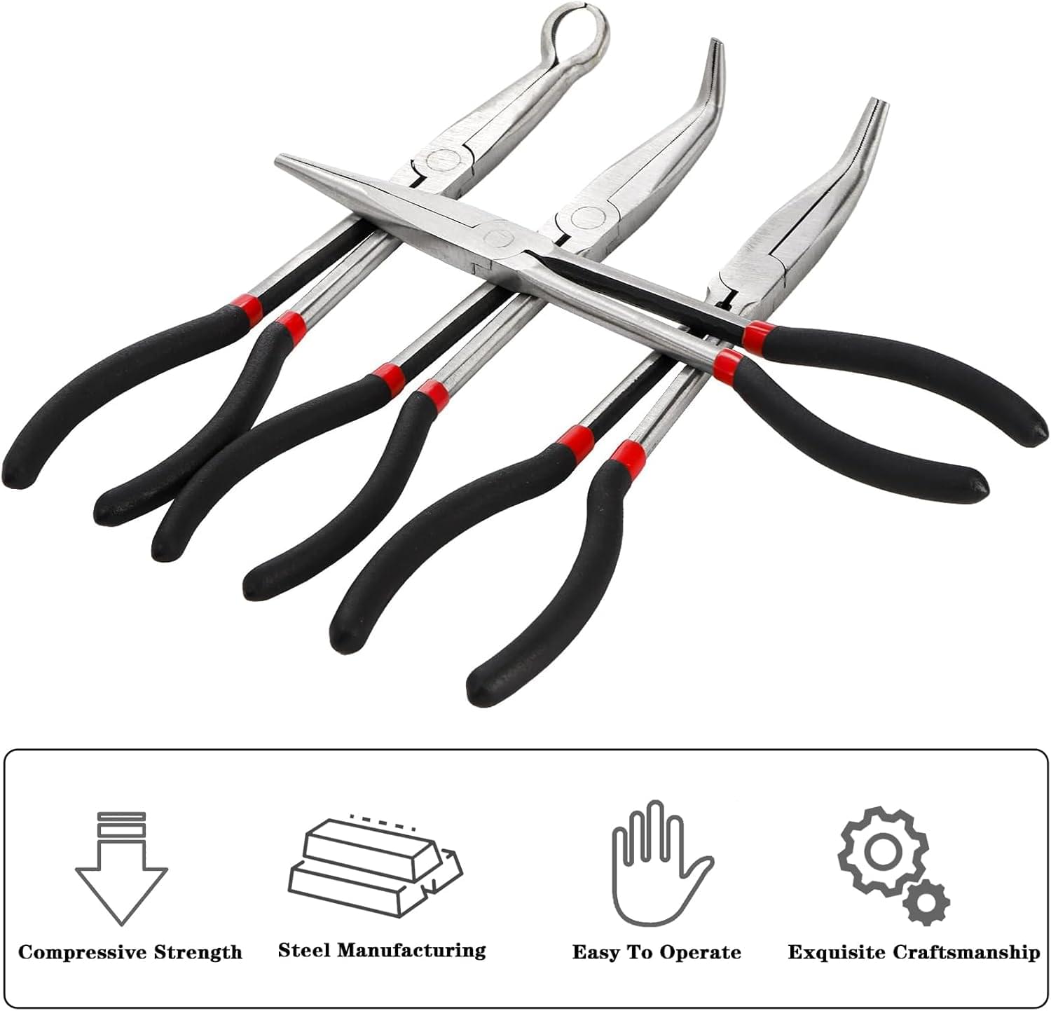 Set 4 clești profesionali lungi 28 cm – clește drept, clește vârf 90°, clește vârf 45°, clește tip o pentru furtun – trusă de scule auto, reparații, bricolaj si husatransport, onuvio®