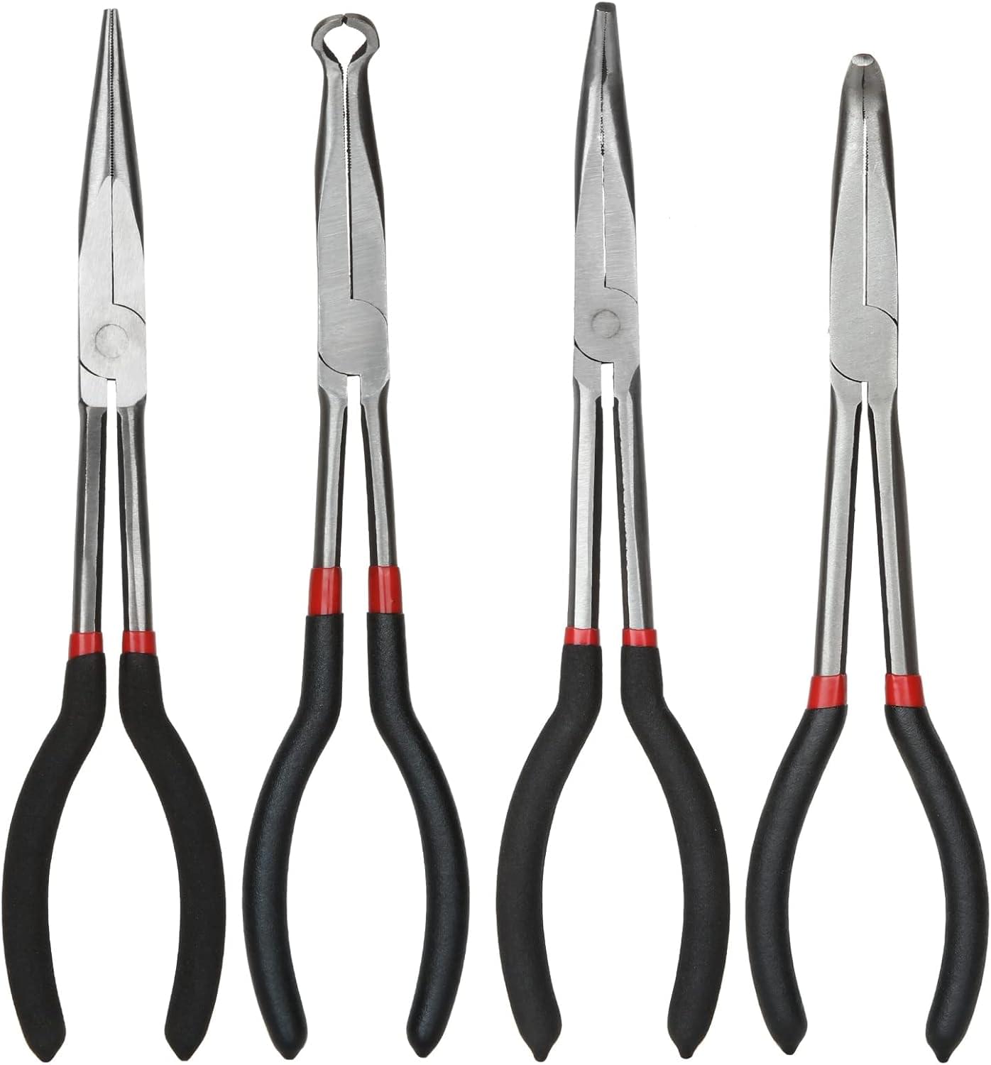 Set 4 clești profesionali lungi 28 cm – clește drept, clește vârf 90°, clește vârf 45°, clește tip o pentru furtun – trusă de scule auto, reparații, bricolaj si husatransport, onuvio®