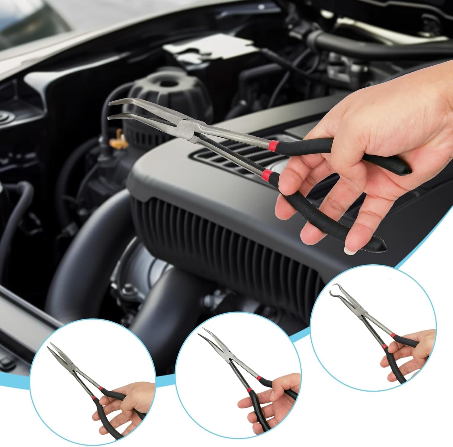 Set 4 clești profesionali lungi 28 cm – clește drept, clește vârf 90°, clește vârf 45°, clește tip o pentru furtun – trusă de scule auto, reparații, bricolaj si husatransport, onuvio®