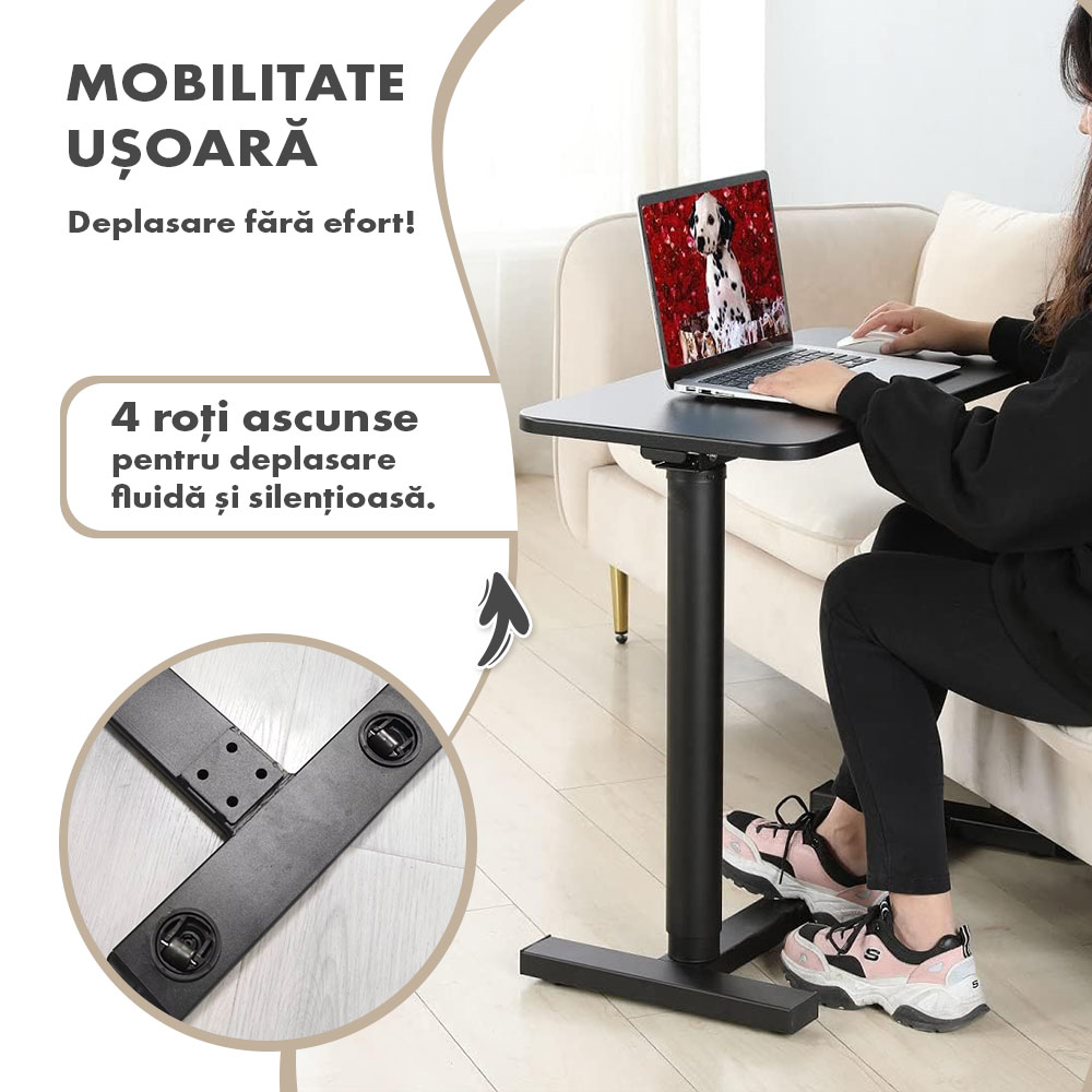 Masă ajustabilă pentru laptop cu roți – reglabilă pe Înălțime (65-90 cm), blat mdf 68x36 cm, mobilă pentru pat și canapea, onuvio® - negru