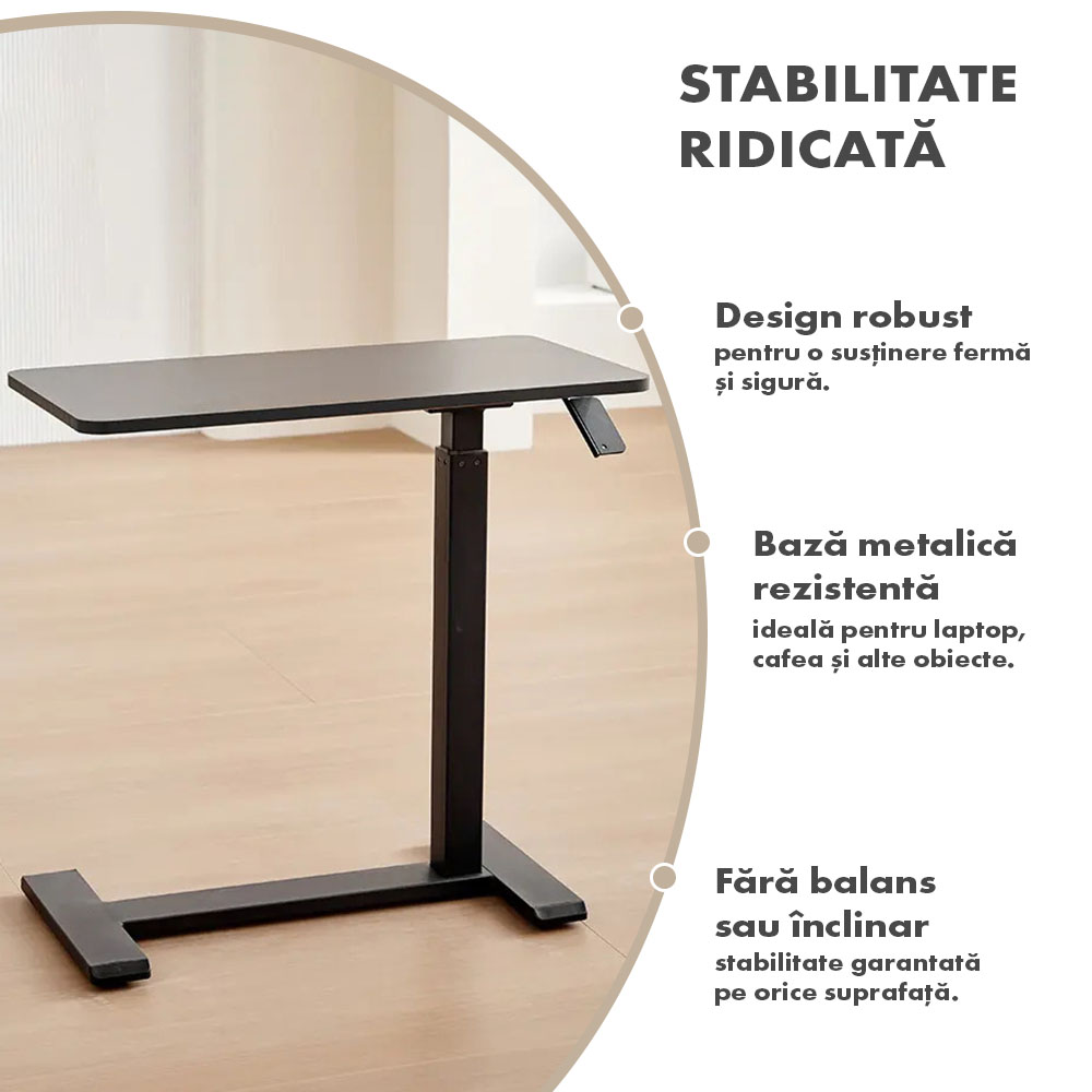 Masă ajustabilă pentru laptop cu roți – reglabilă pe Înălțime (65-90 cm), blat mdf 68x36 cm, mobilă pentru pat și canapea, onuvio® - negru