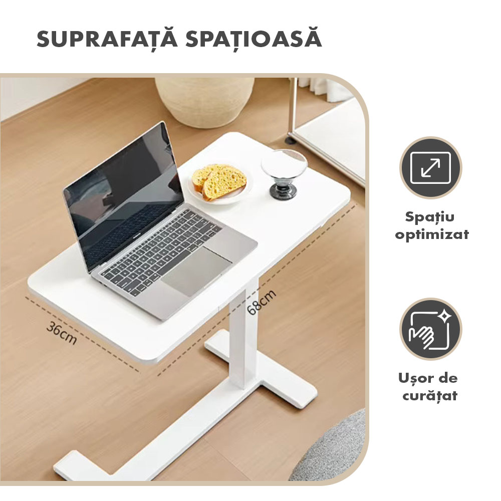Masă ajustabilă pentru laptop cu roți – reglabilă pe Înălțime (65-90 cm), blat mdf 68x36 cm, mobilă pentru pat și canapea, onuvio® - alb