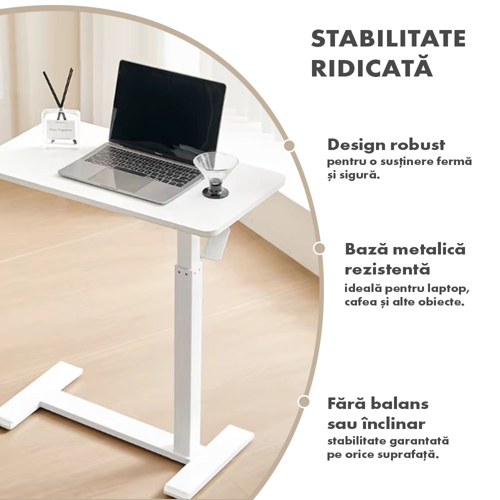 Masă ajustabilă pentru laptop cu roți – reglabilă pe Înălțime (65-90 cm), blat mdf 68x36 cm, mobilă pentru pat și canapea, onuvio® - alb