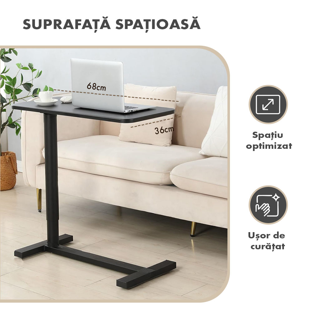 Masă ajustabilă pentru laptop cu roți – reglabilă pe Înălțime (65-90 cm), blat mdf 68x36 cm, mobilă pentru pat și canapea, onuvio® - negru