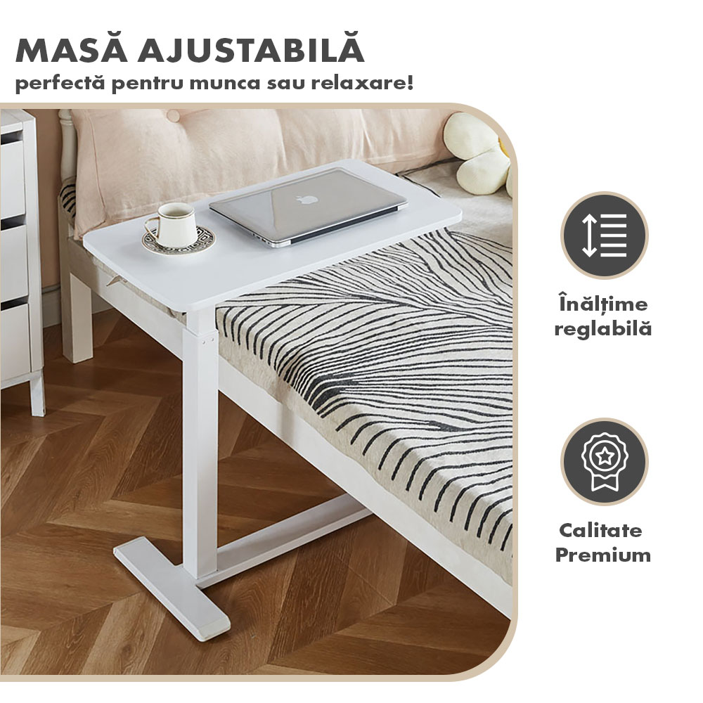 Masă ajustabilă pentru laptop cu roți – reglabilă pe Înălțime (65-90 cm), blat mdf 68x36 cm, mobilă pentru pat și canapea, onuvio® - alb