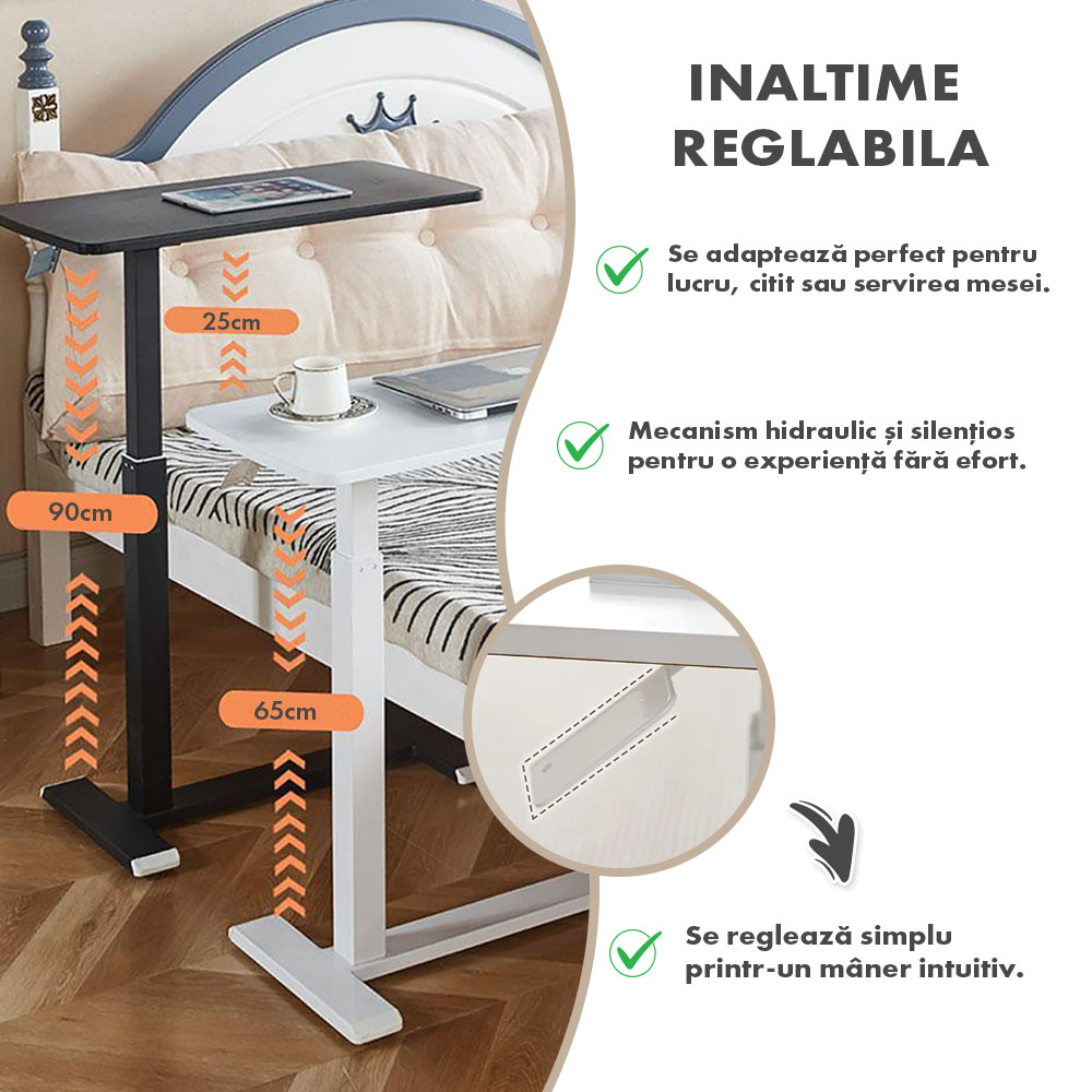 Masă ajustabilă pentru laptop cu roți – reglabilă pe Înălțime (65-90 cm), blat mdf 68x36 cm, mobilă pentru pat și canapea, onuvio® - alb