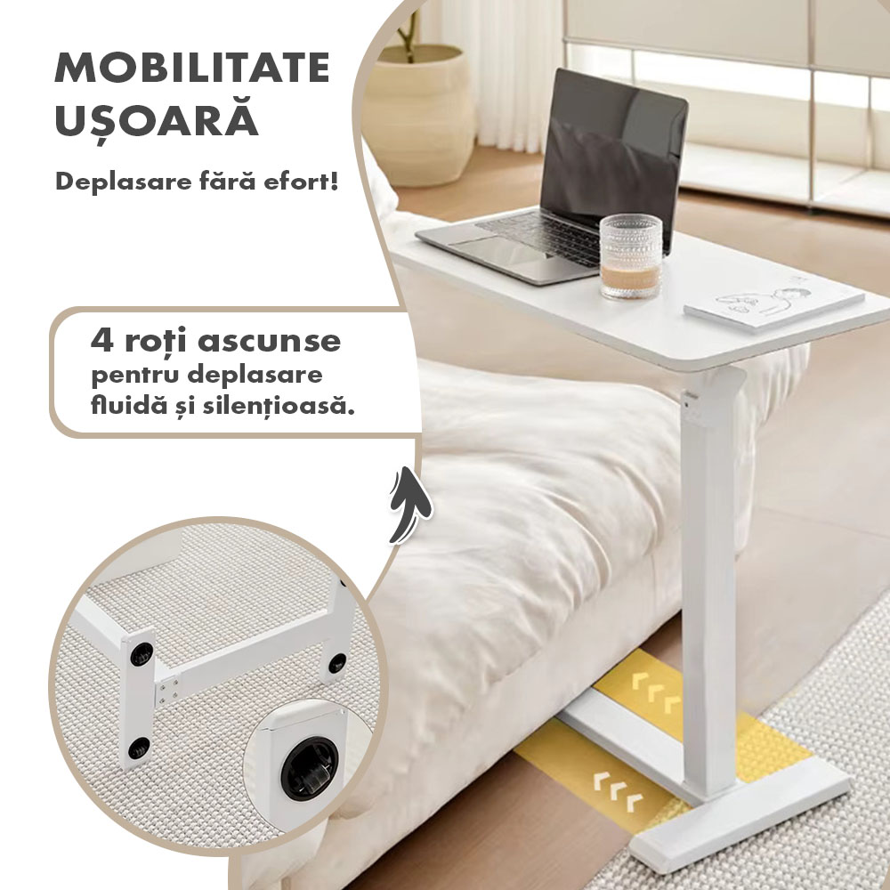Masă ajustabilă pentru laptop cu roți – reglabilă pe Înălțime (65-90 cm), blat mdf 68x36 cm, mobilă pentru pat și canapea, onuvio® - alb
