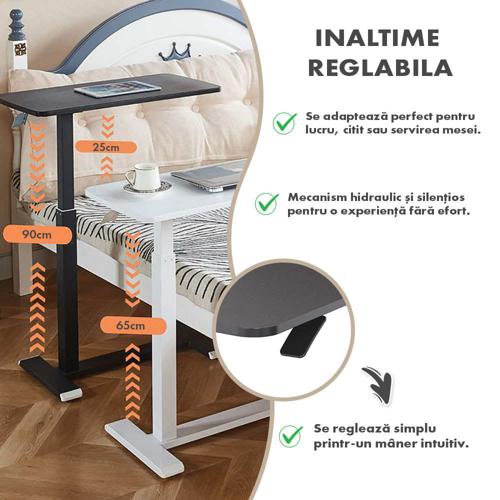 Masă ajustabilă pentru laptop cu roți – reglabilă pe Înălțime (65-90 cm), blat mdf 68x36 cm, mobilă pentru pat și canapea, onuvio® - negru