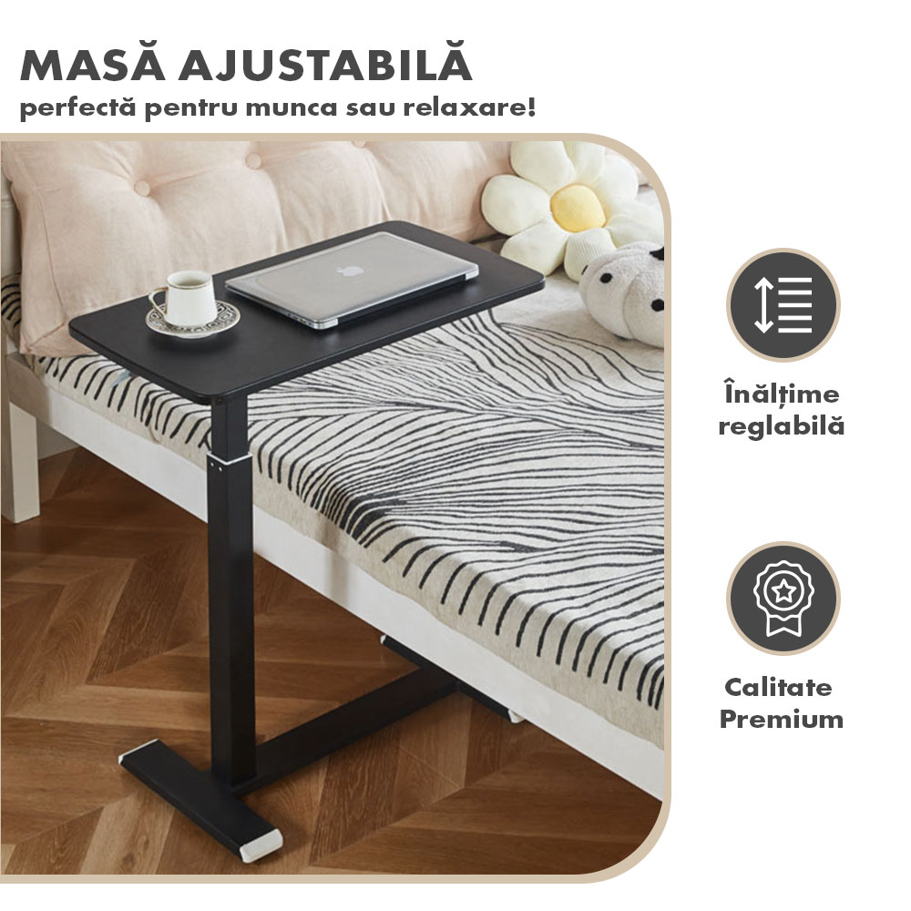 Masă ajustabilă pentru laptop cu roți – reglabilă pe Înălțime (65-90 cm), blat mdf 68x36 cm, mobilă pentru pat și canapea, onuvio® - negru