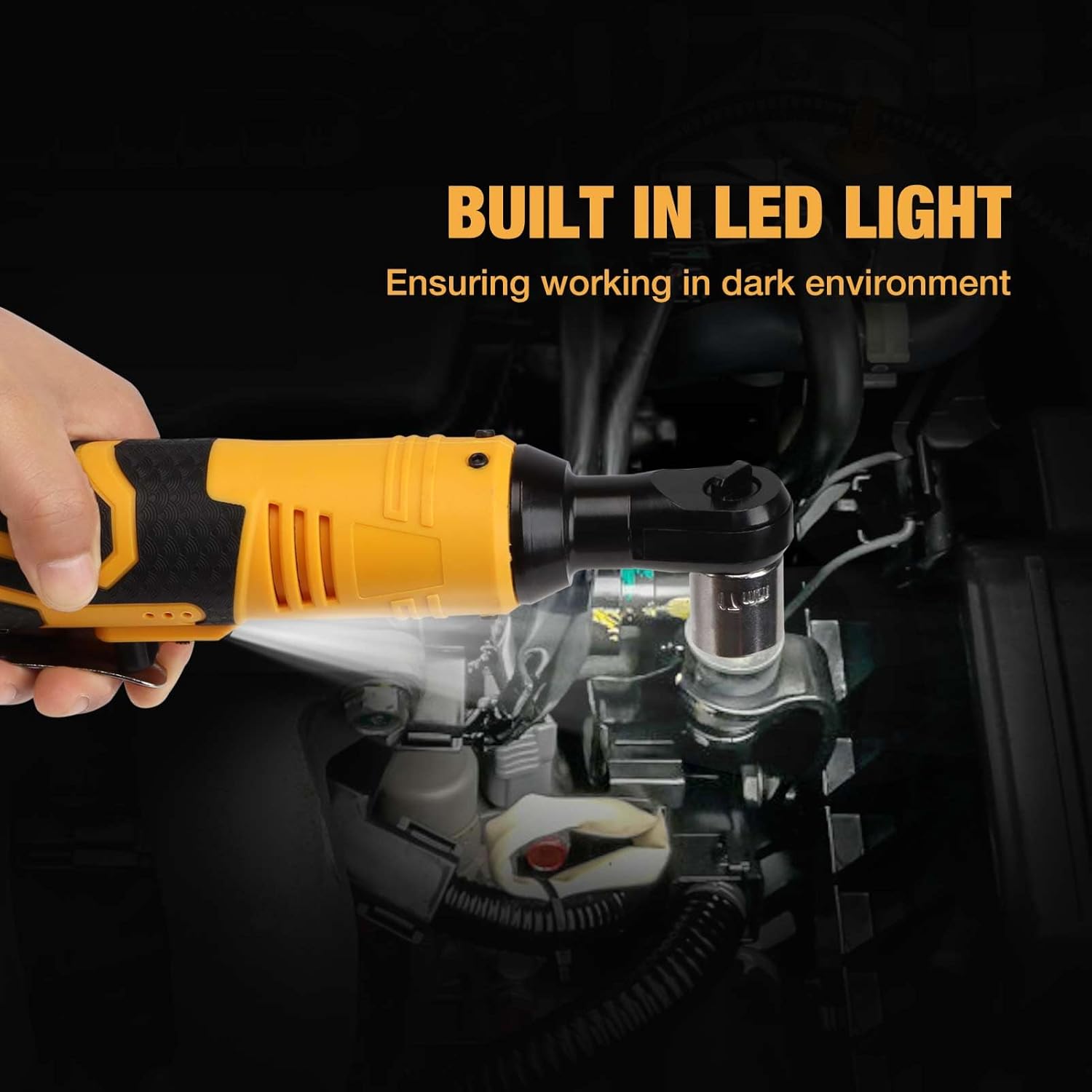 Cheie electrică cu clichet, unghi de 90°, acumulator 18v, 0-320 rpm, putere 60nm, 7 chei tubulare incluse, led integrat, adaptor 3/8