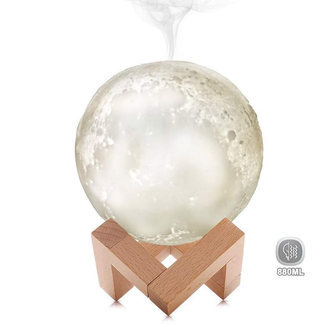 Umidificator aromaterapie cu lampa de veghe, luna onuvio®  moon 3d, 880 ml, 13 cm, lumina 3 culori,  stand lemn, extra filtru si ulei esential 10ml