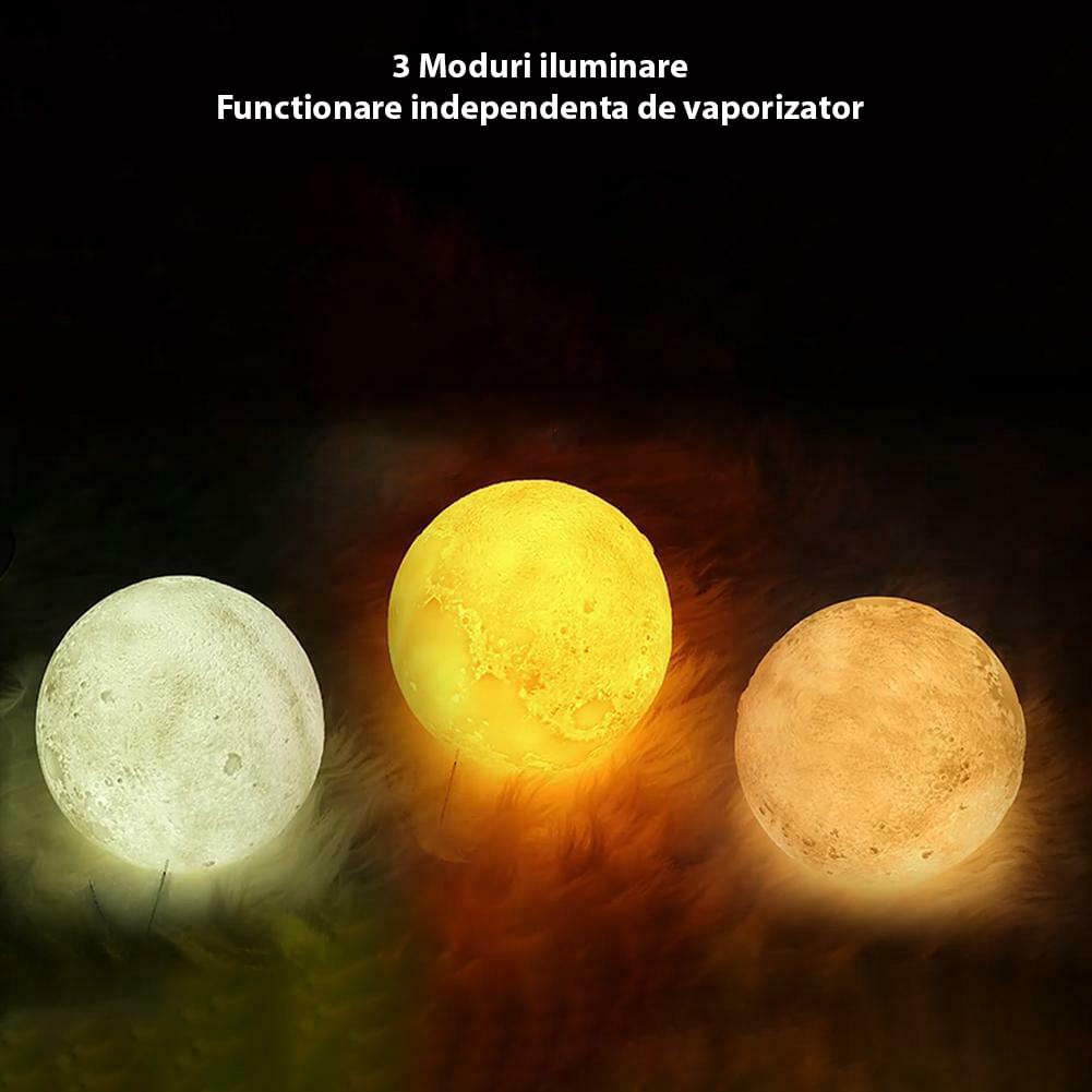 Umidificator aromaterapie cu lampa de veghe, luna onuvio®  moon 3d, 880 ml, 13 cm, lumina 3 culori,  stand lemn, extra filtru si ulei esential 10ml