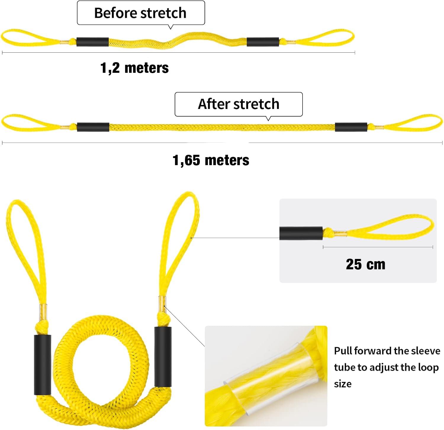 Set 2 parame elastice bungee 1,2–2,1 m cu carabină inox – mooring extensibil pentru barcă, ponton, jet ski - galben