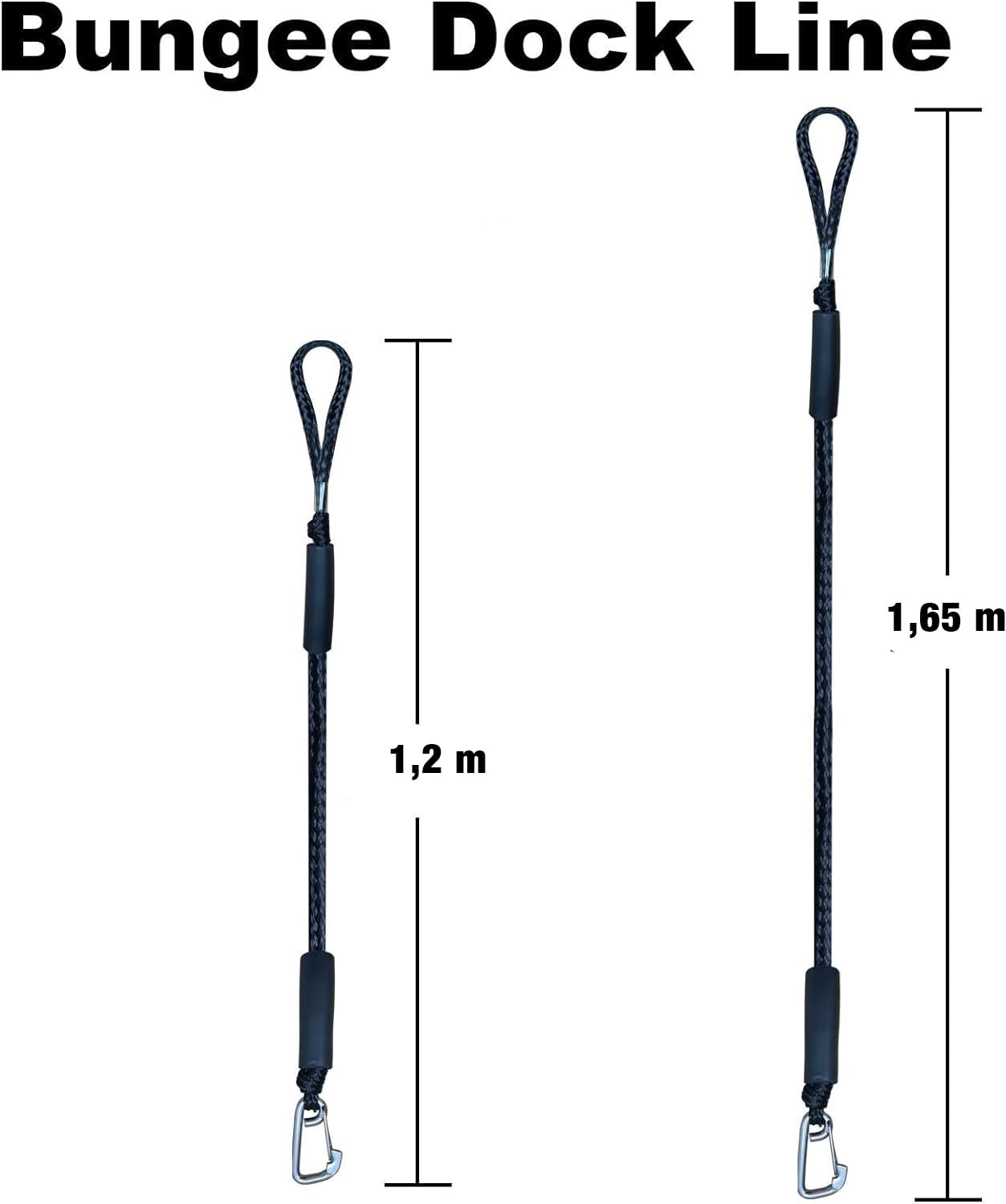 Set 2 parame elastice bungee 1,2–2,1 m cu carabină inox – mooring extensibil pentru barcă, ponton, jet ski - negru