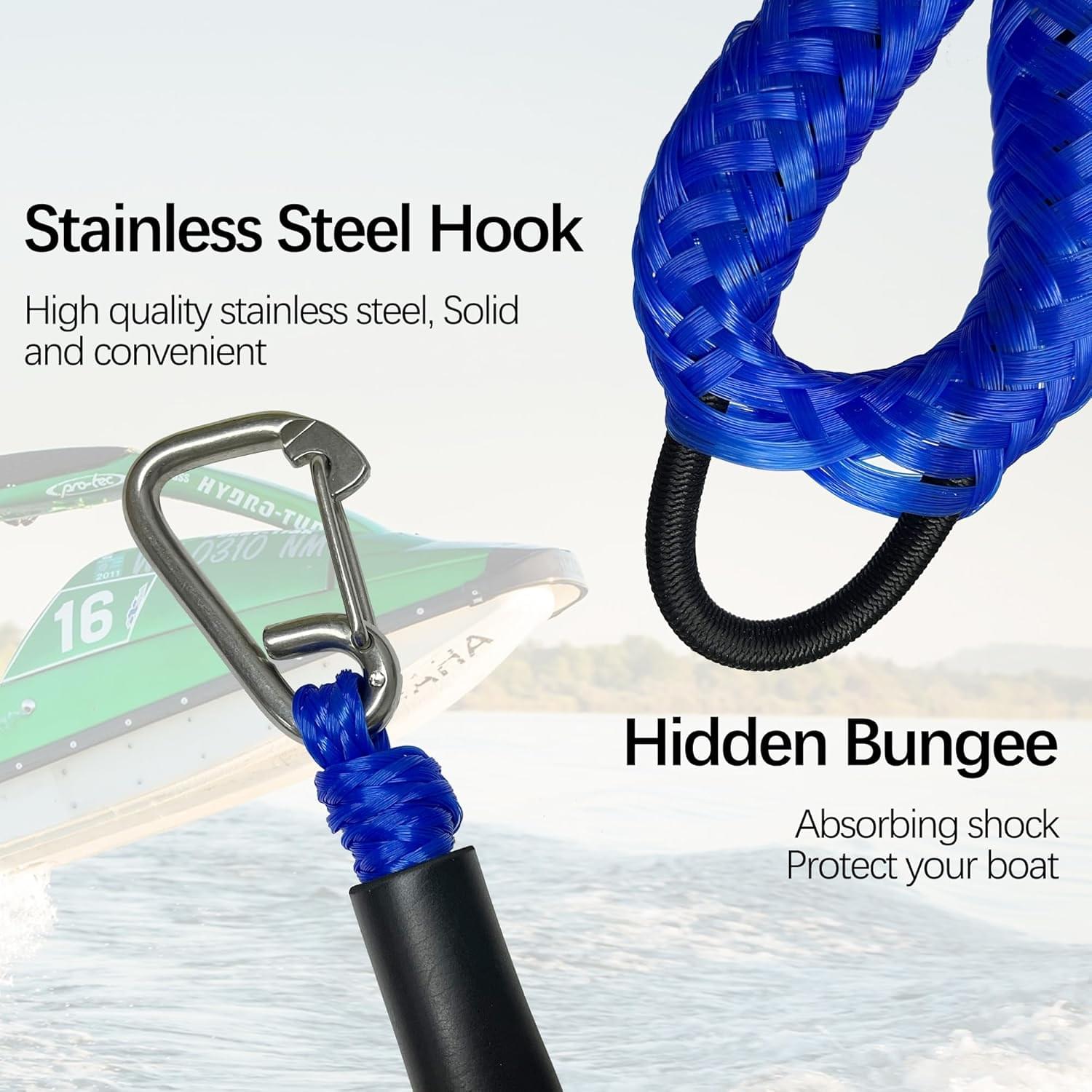 Set 2 parame elastice bungee 1,2–2,1 m cu carabină inox – mooring extensibil pentru barcă, ponton, jet ski - albastru