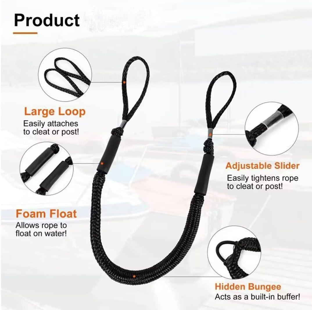Set 2 parame elastice bungee 1,2–2,1 m cu buclă marinărească – mooring extensibil pentru barcă și ponton - negru