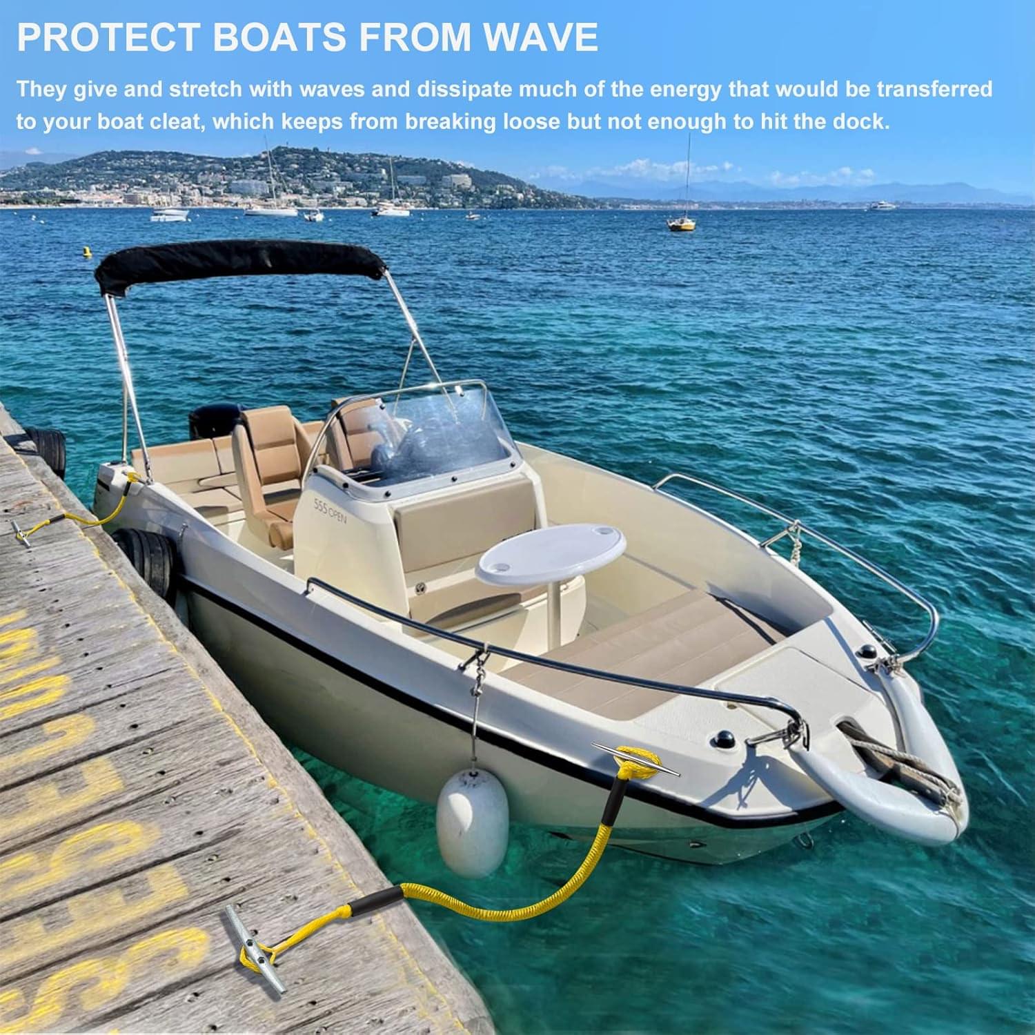 Set 2 parame elastice bungee 1,2–2,1 m cu buclă marinărească – mooring extensibil pentru barcă și ponton - galben