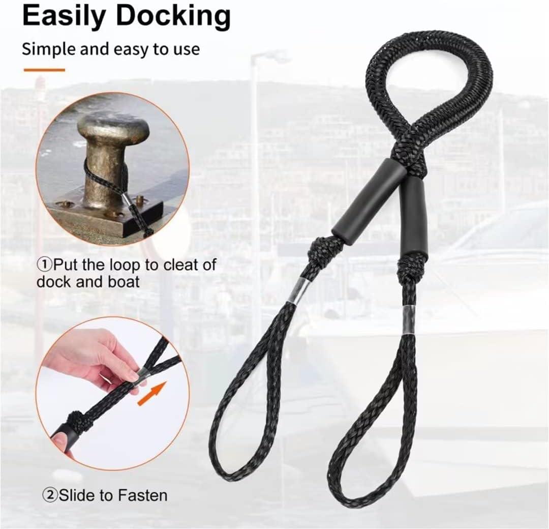 Set 2 parame elastice bungee 1,2–2,1 m cu buclă marinărească – mooring extensibil pentru barcă și ponton - negru