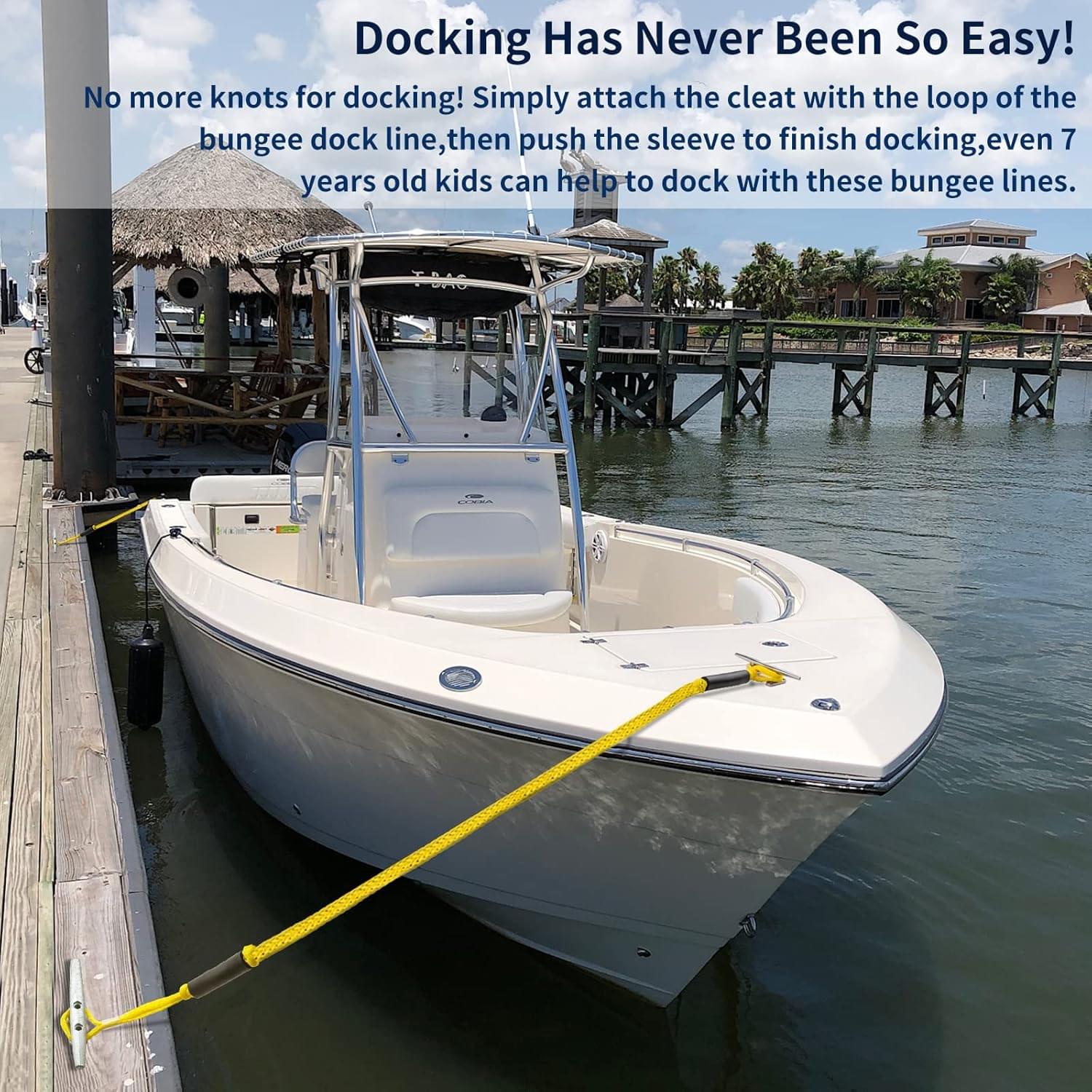 Set 2 parame elastice bungee 1,2–2,1 m cu buclă marinărească – mooring extensibil pentru barcă și ponton - galben