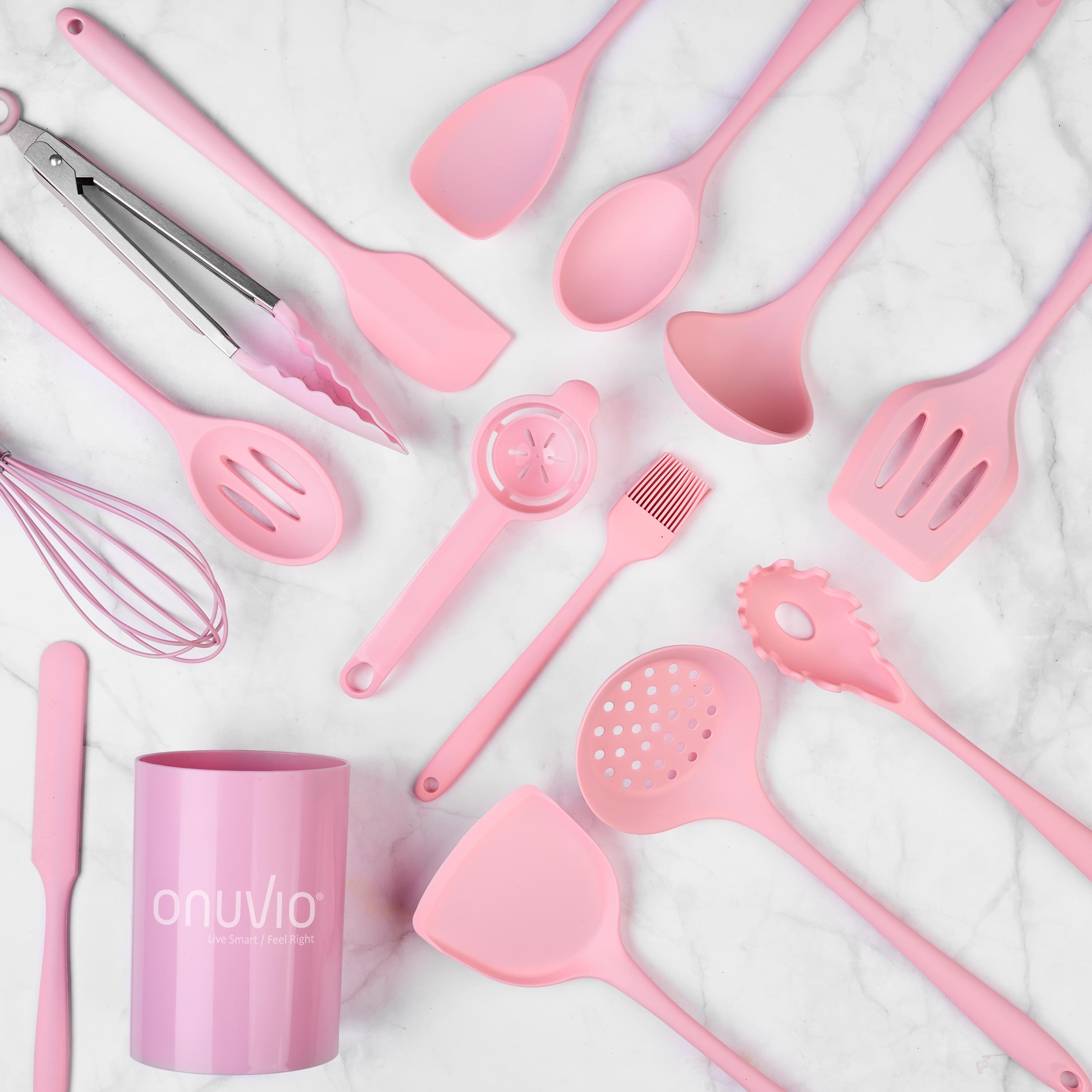 Set 15 ustensile bucătărie onuvio® din silicon alimentar premium, 920g, cu suport – spatule, linguri, polonic, clește, tel, fără bpa, antiaderente, compatibile mașina de spălat vase - roz