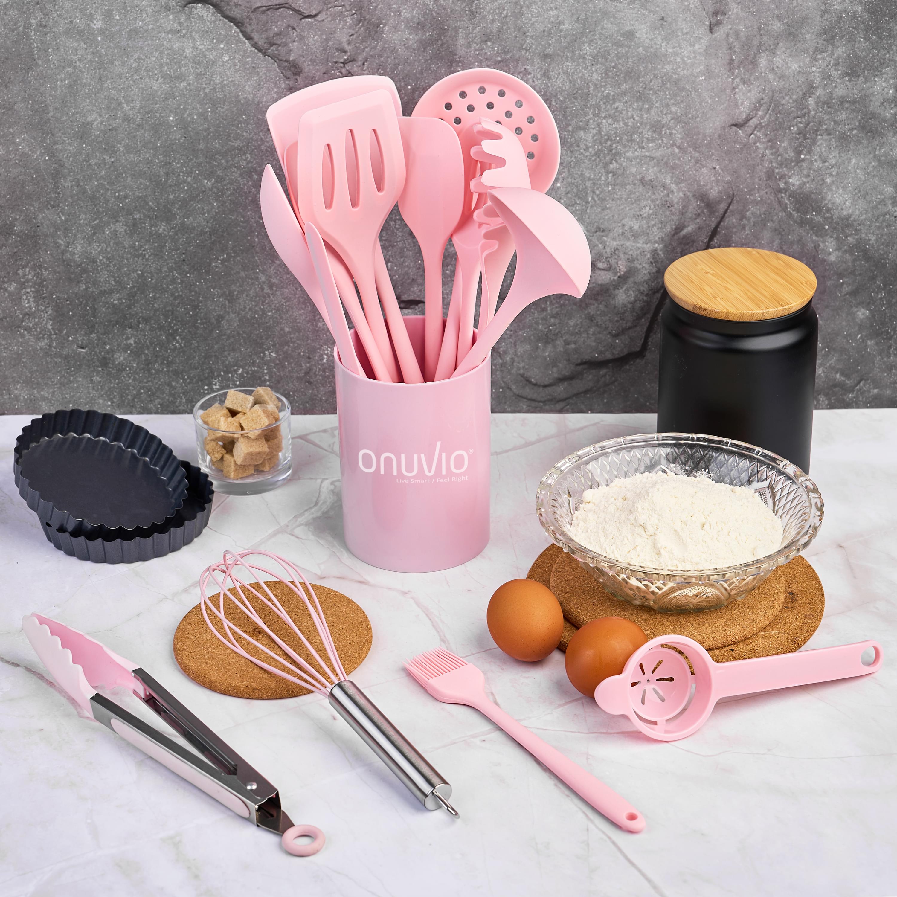 Set 15 ustensile bucătărie onuvio® din silicon alimentar premium, 920g, cu suport – spatule, linguri, polonic, clește, tel, fără bpa, antiaderente, compatibile mașina de spălat vase - roz