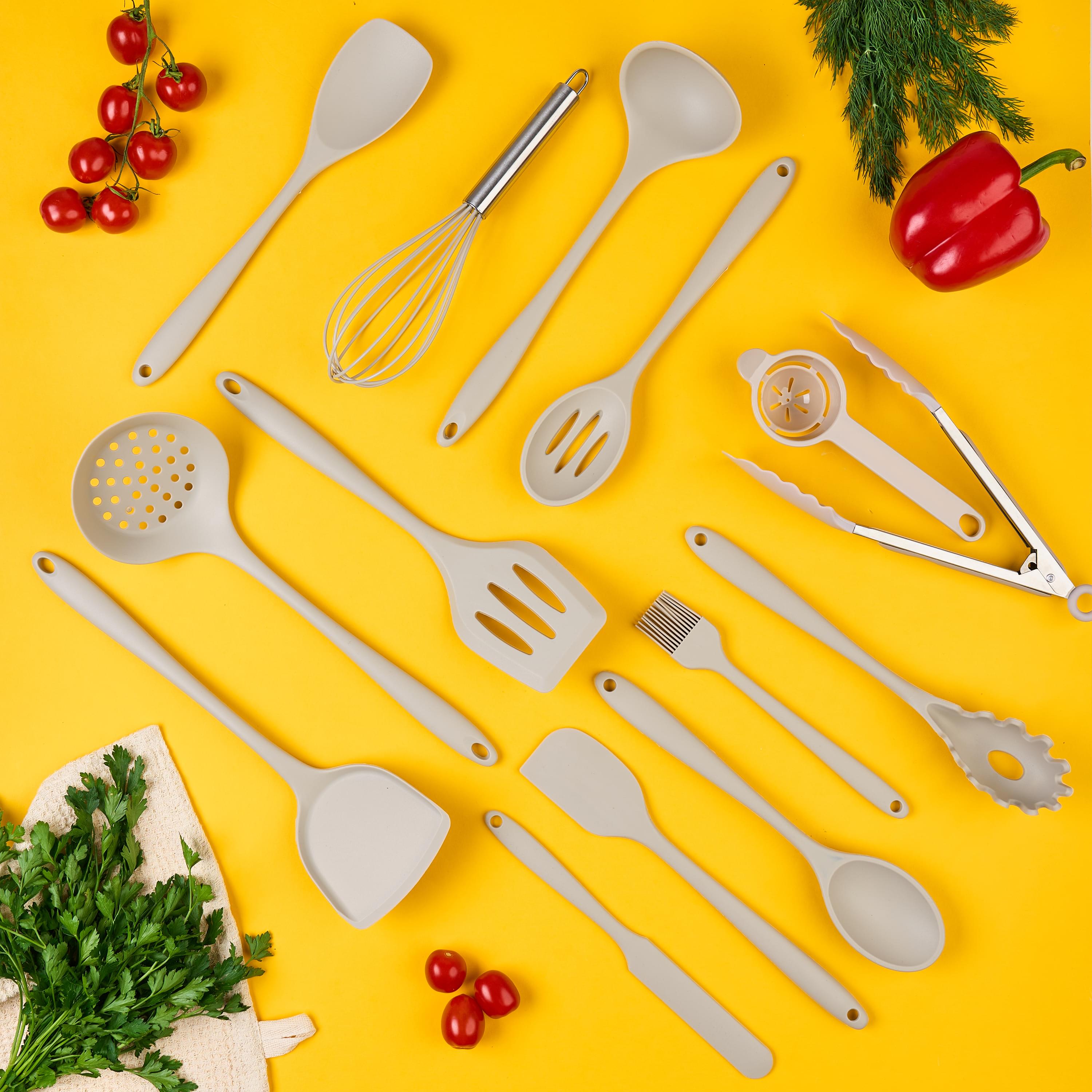 Set 15 ustensile bucătărie onuvio® din silicon alimentar premium, 920g, cu suport – spatule, linguri, polonic, clește, tel, fără bpa, antiaderente, compatibile mașina de spălat vase - kakhi
