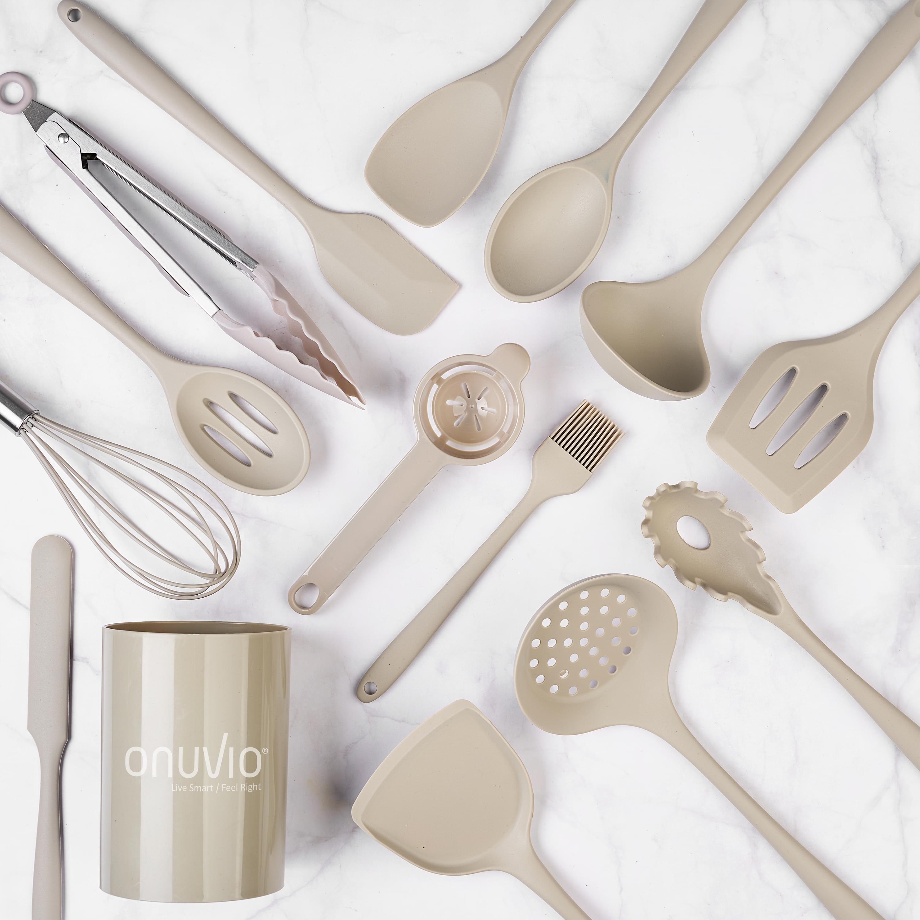 Set 15 ustensile bucătărie onuvio® din silicon alimentar premium, 920g, cu suport – spatule, linguri, polonic, clește, tel, fără bpa, antiaderente, compatibile mașina de spălat vase - kakhi