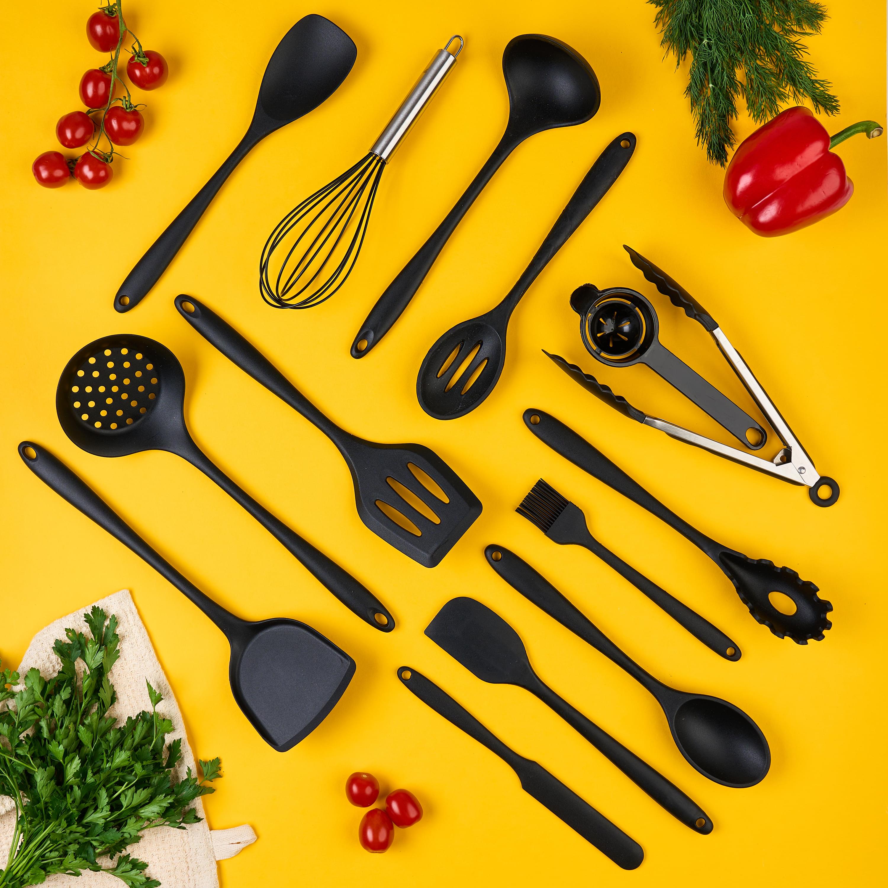 Set 15 ustensile bucătărie onuvio® din silicon alimentar premium, 920g, cu suport – spatule, linguri, polonic, clește, tel, fără bpa, antiaderente, compatibile mașina de spălat vase - negru