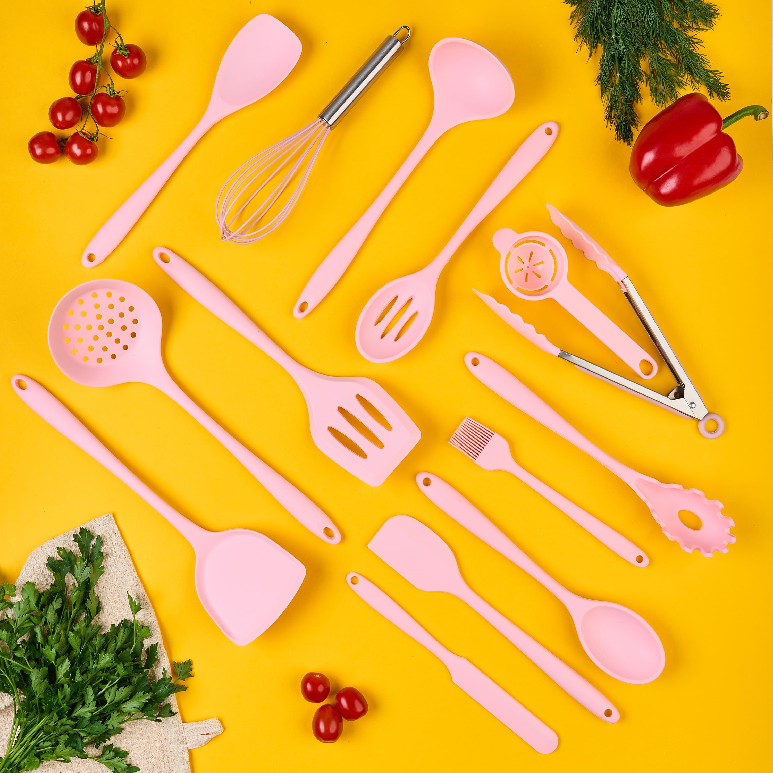 Set 15 ustensile bucătărie onuvio® din silicon alimentar premium, 920g, cu suport – spatule, linguri, polonic, clește, tel, fără bpa, antiaderente, compatibile mașina de spălat vase - roz