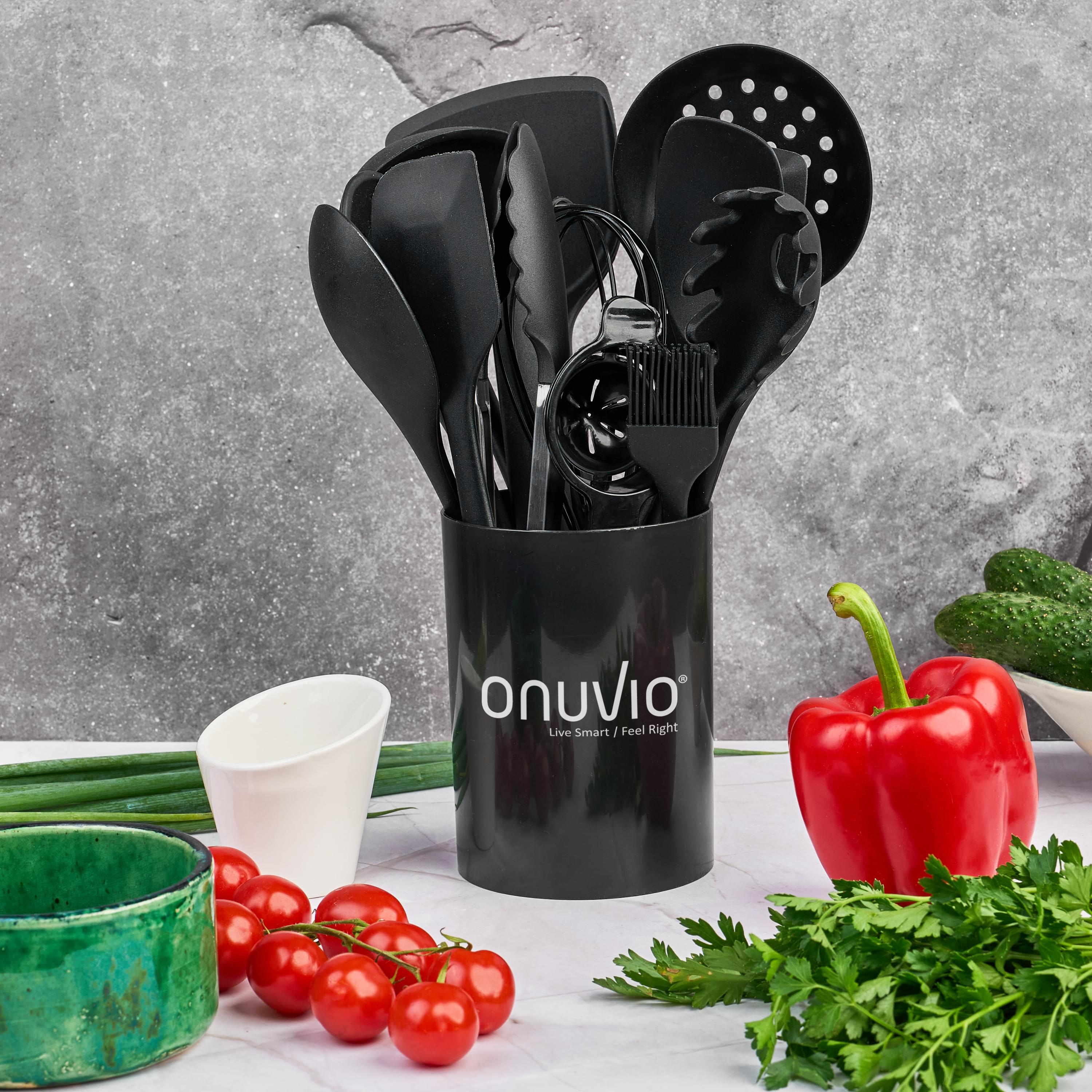 Set 15 ustensile bucătărie onuvio® din silicon alimentar premium, 920g, cu suport – spatule, linguri, polonic, clește, tel, fără bpa, antiaderente, compatibile mașina de spălat vase - negru