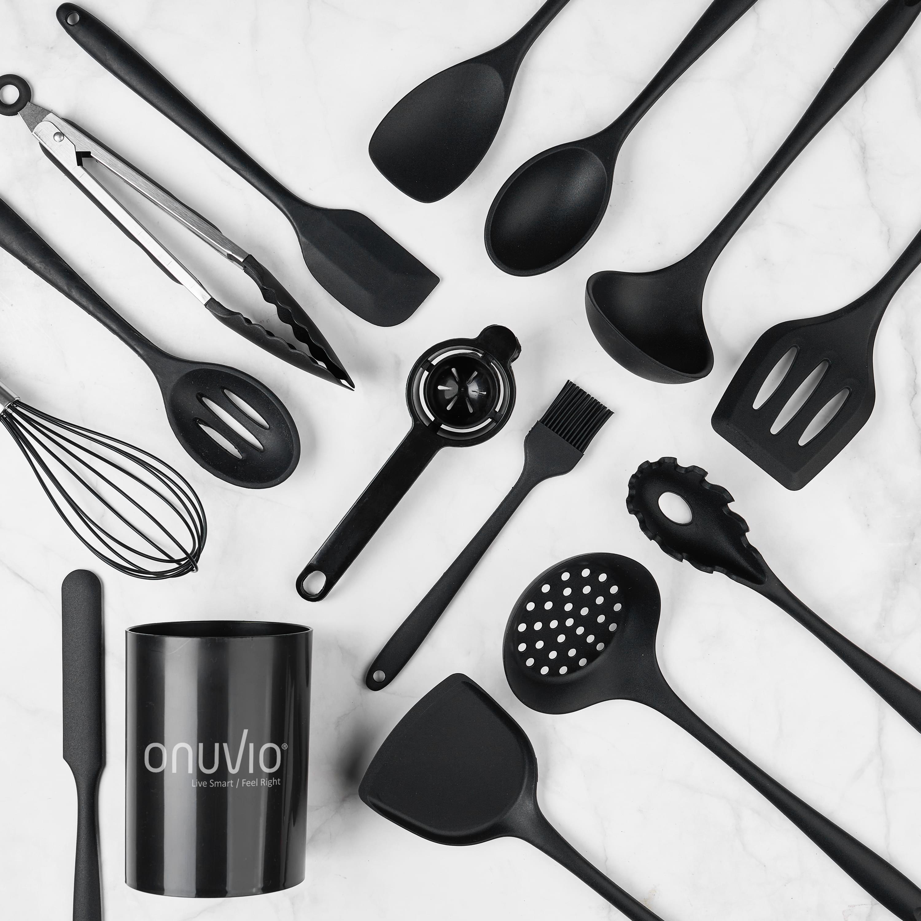 Set 15 ustensile bucătărie onuvio® din silicon alimentar premium, 920g, cu suport – spatule, linguri, polonic, clește, tel, fără bpa, antiaderente, compatibile mașina de spălat vase - negru