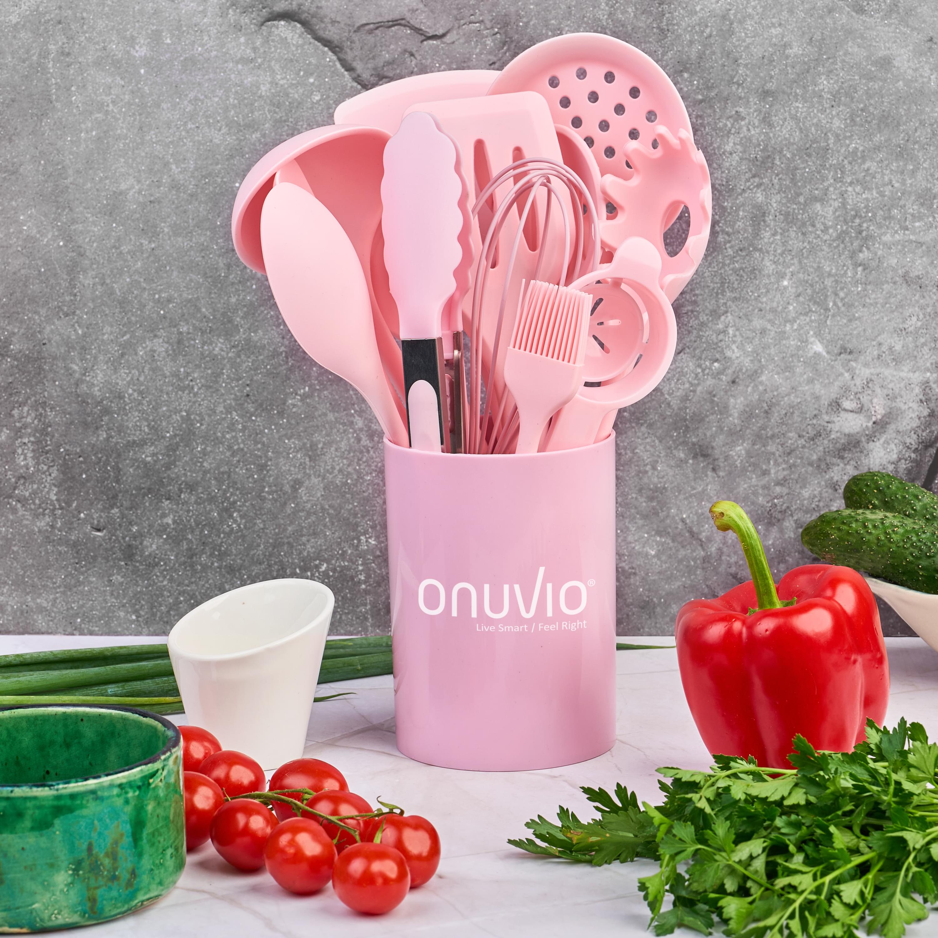 Set 15 ustensile bucătărie onuvio® din silicon alimentar premium, 920g, cu suport – spatule, linguri, polonic, clește, tel, fără bpa, antiaderente, compatibile mașina de spălat vase - roz