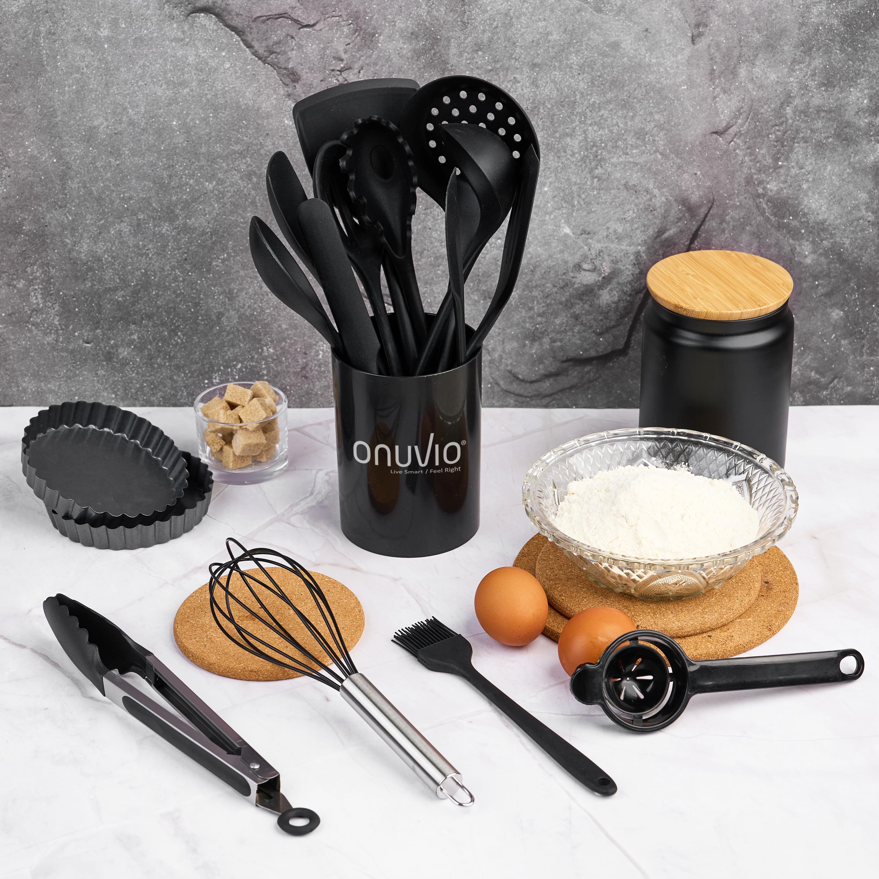 Set 15 ustensile bucătărie onuvio® din silicon alimentar premium, 920g, cu suport – spatule, linguri, polonic, clește, tel, fără bpa, antiaderente, compatibile mașina de spălat vase - negru