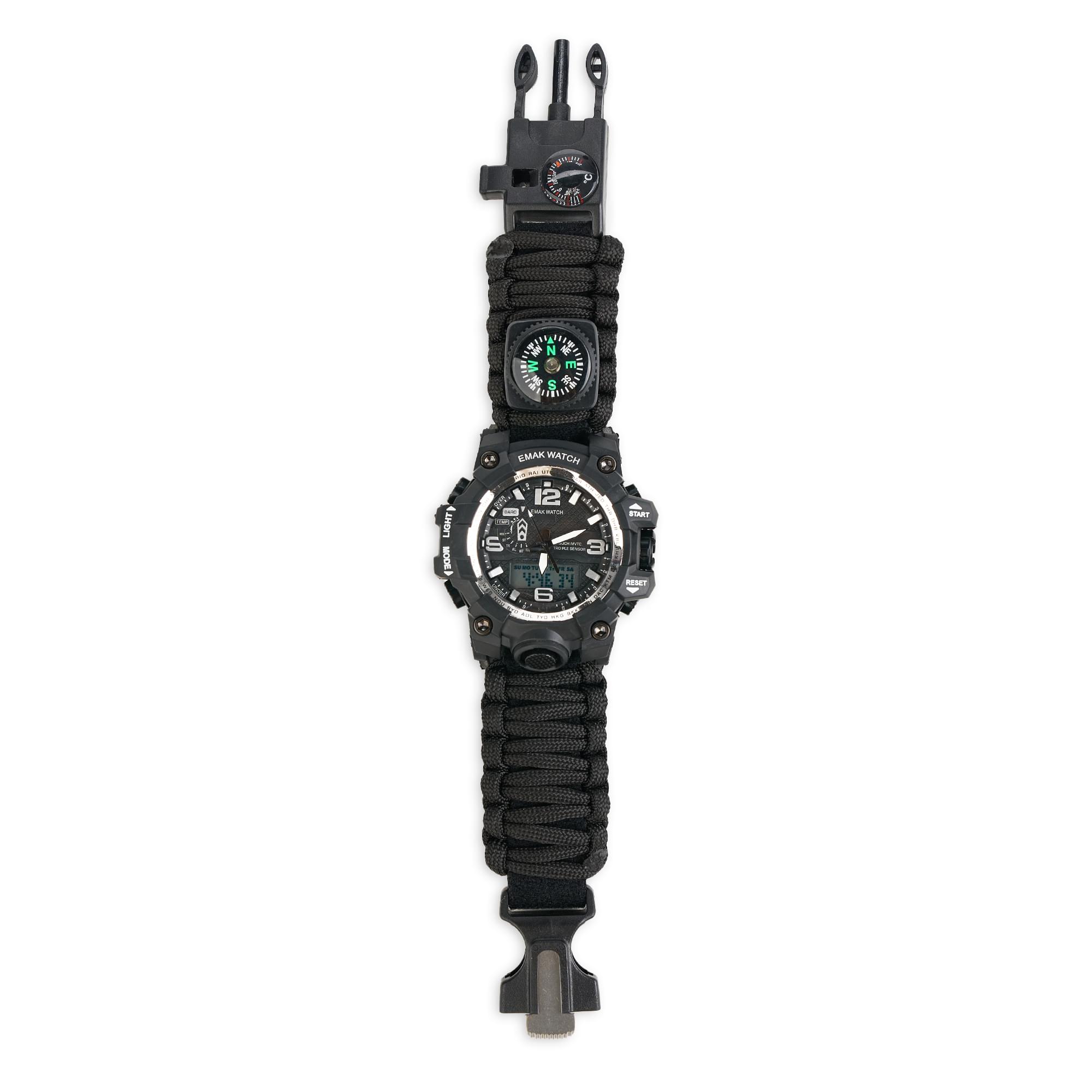 Ceas tactic supravietuire multifunctional, dual time, analogic si digital, cordelina, cremene, fierastrau, busola, onuvio® - negru
