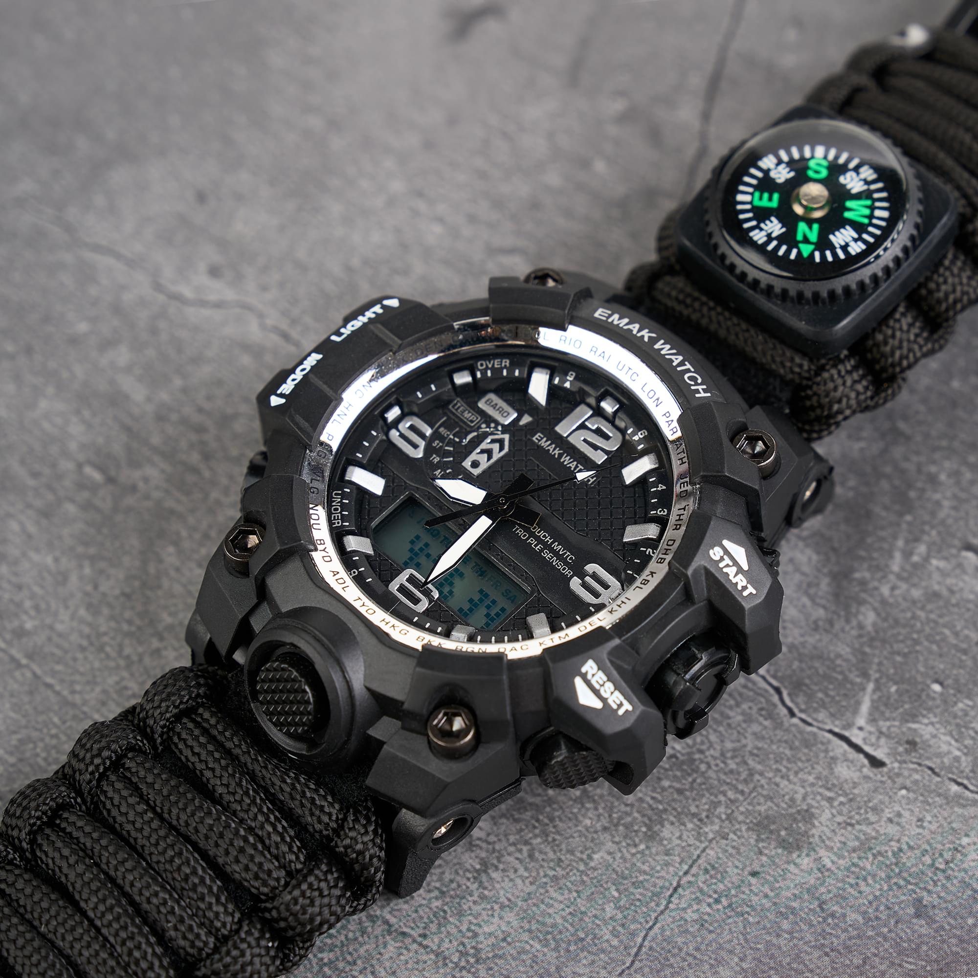 Ceas tactic supravietuire multifunctional, dual time, analogic si digital, cordelina, cremene, fierastrau, busola, onuvio® - negru