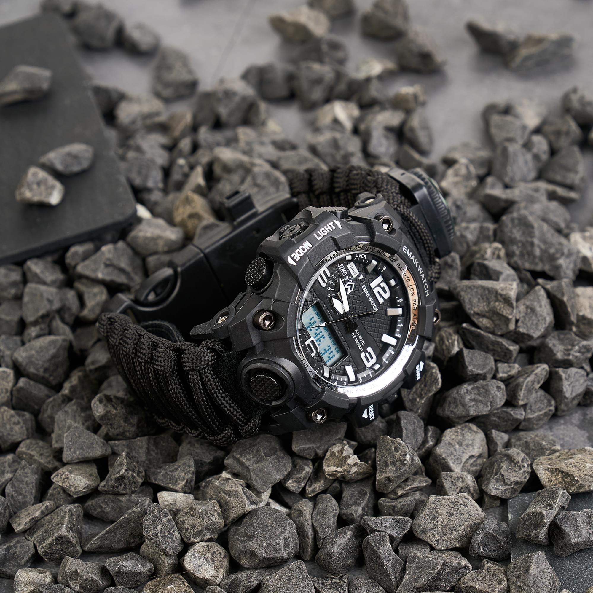 Ceas tactic supravietuire multifunctional, dual time, analogic si digital, cordelina, cremene, fierastrau, busola, onuvio® - negru