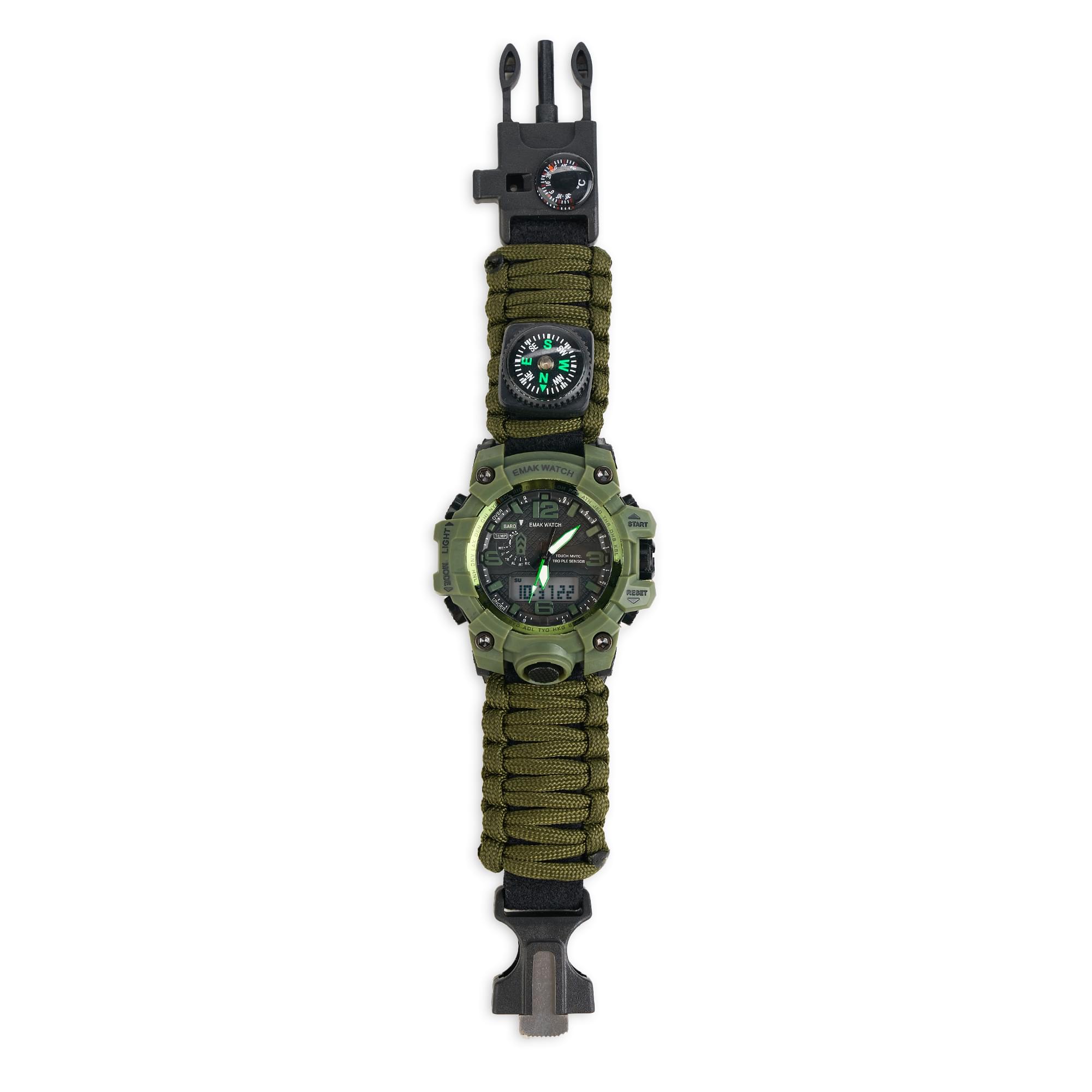 Ceas tactic supravietuire multifunctional, dual time, analogic si digital, cordelina, cremene, fierastrau, busola, onuvio® - verde