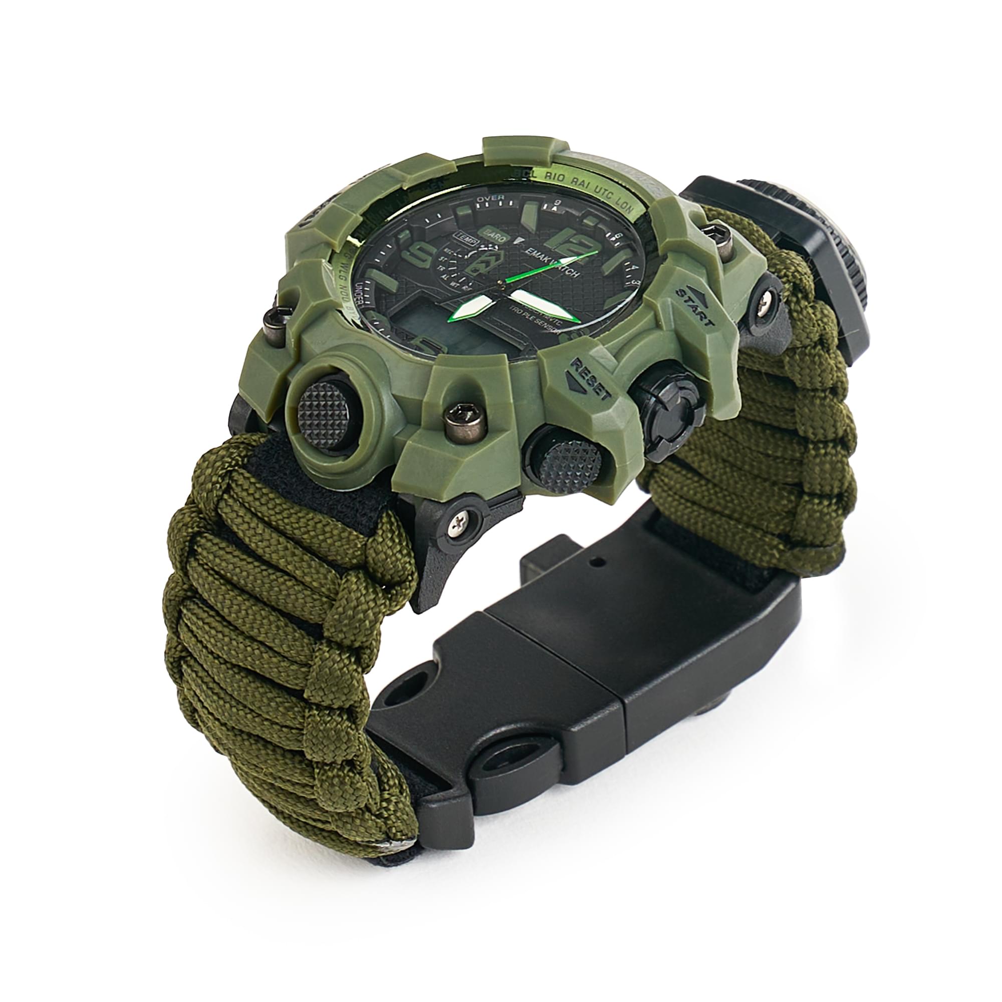 Ceas tactic supravietuire multifunctional, dual time, analogic si digital, cordelina, cremene, fierastrau, busola, onuvio® - verde