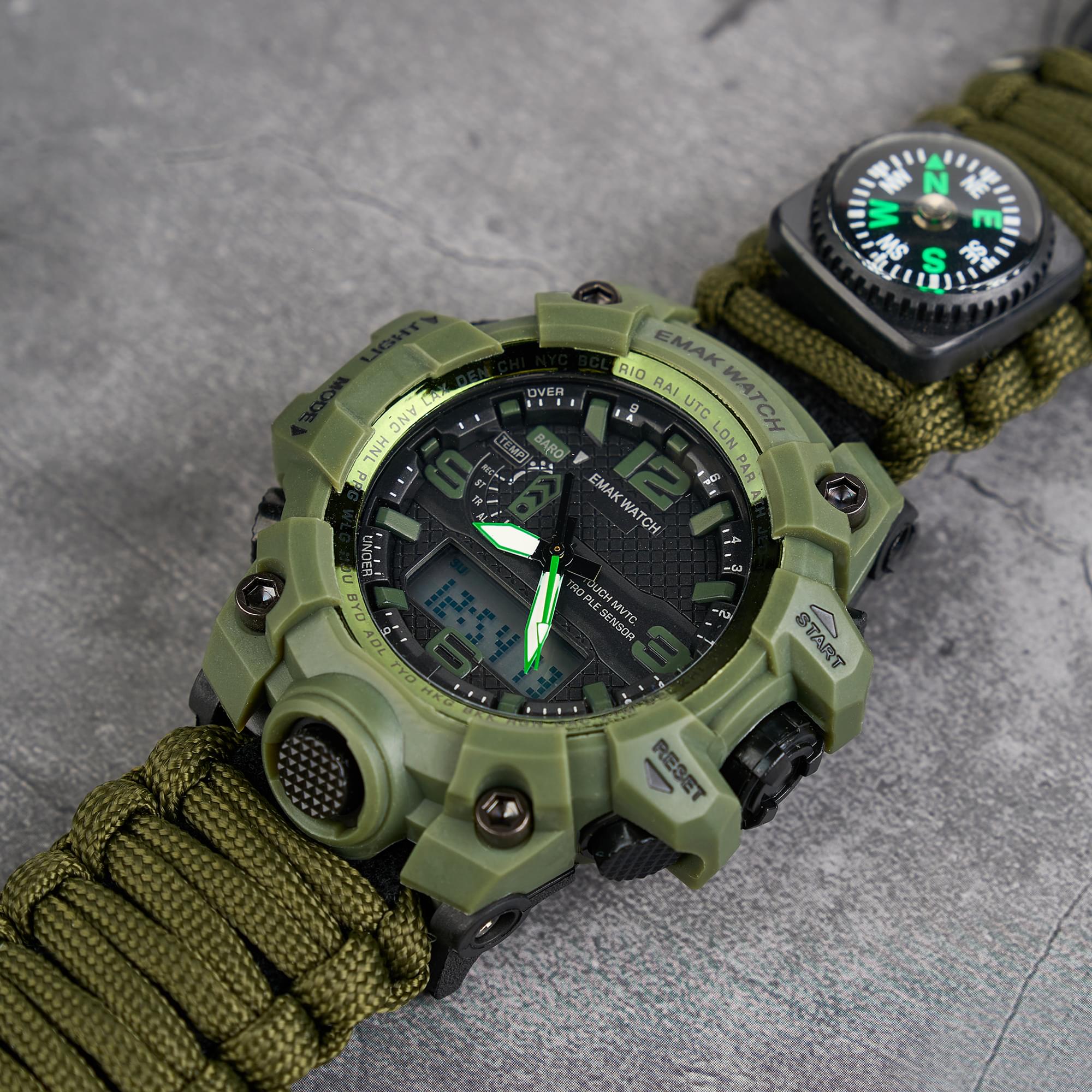 Ceas tactic supravietuire multifunctional, dual time, analogic si digital, cordelina, cremene, fierastrau, busola, onuvio® - verde