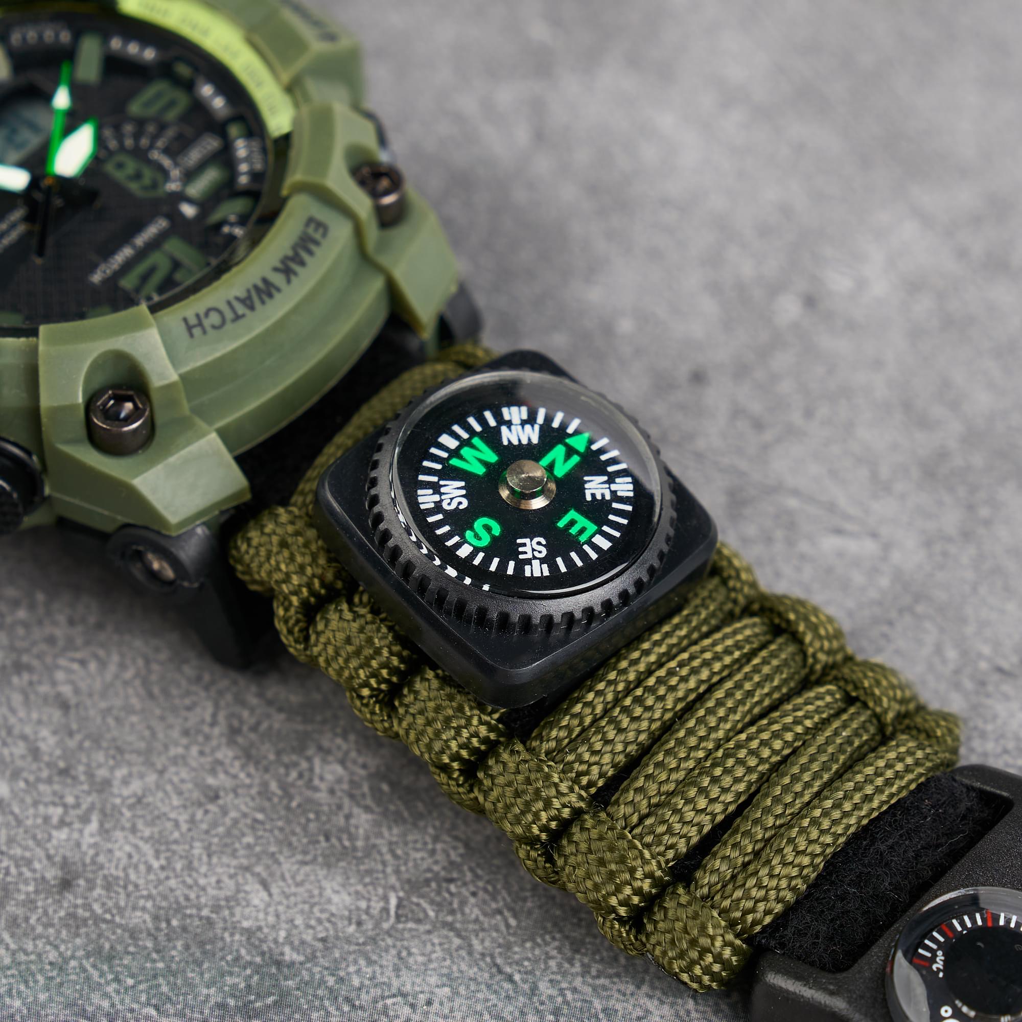 Ceas tactic supravietuire multifunctional, dual time, analogic si digital, cordelina, cremene, fierastrau, busola, onuvio® - verde