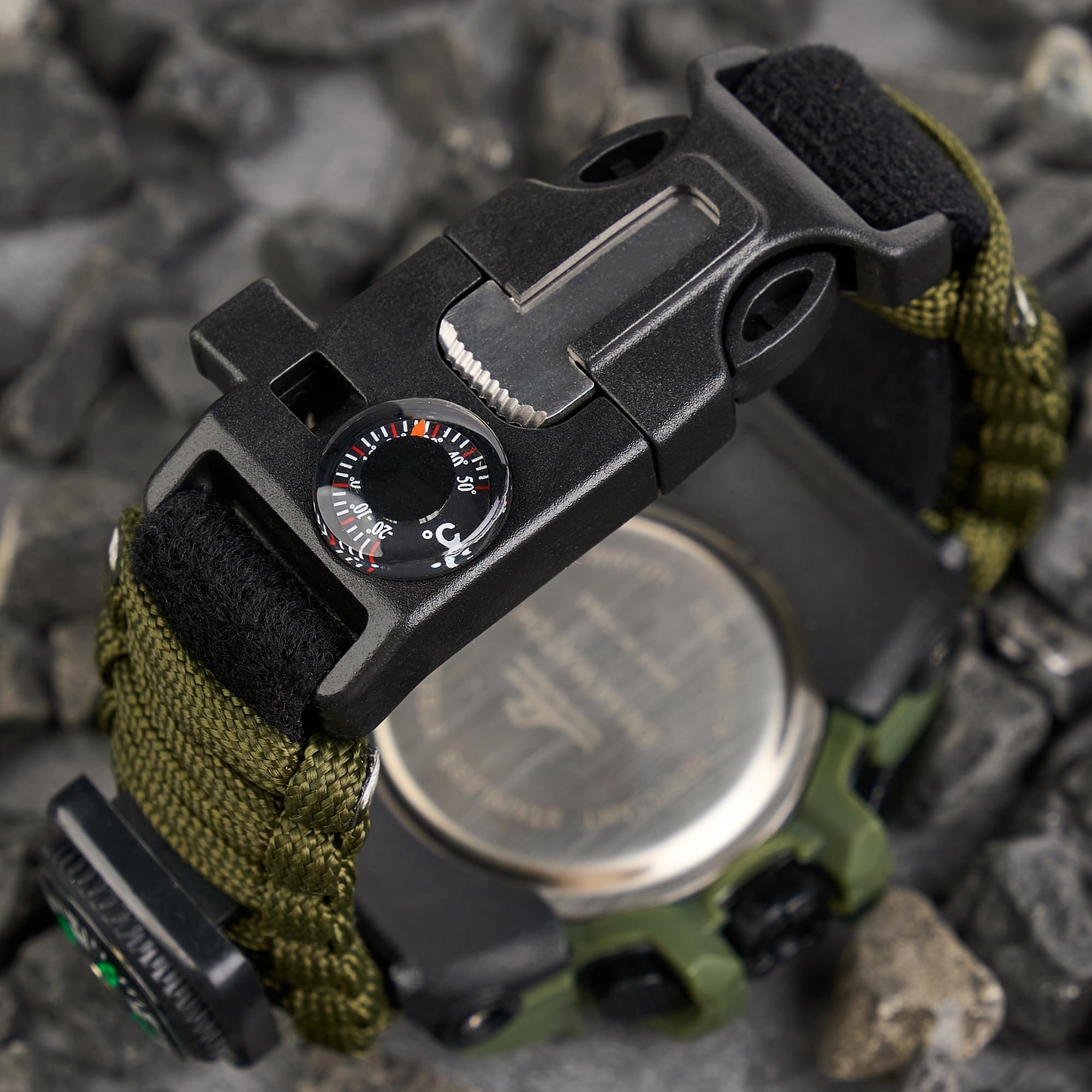 Ceas tactic supravietuire multifunctional, dual time, analogic si digital, cordelina, cremene, fierastrau, busola, onuvio® - verde
