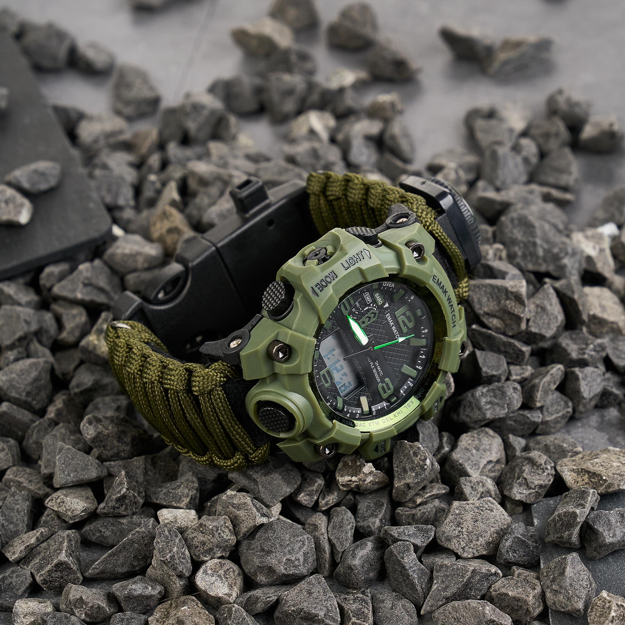 Ceas tactic supravietuire multifunctional, dual time, analogic si digital, cordelina, cremene, fierastrau, busola, onuvio® - verde