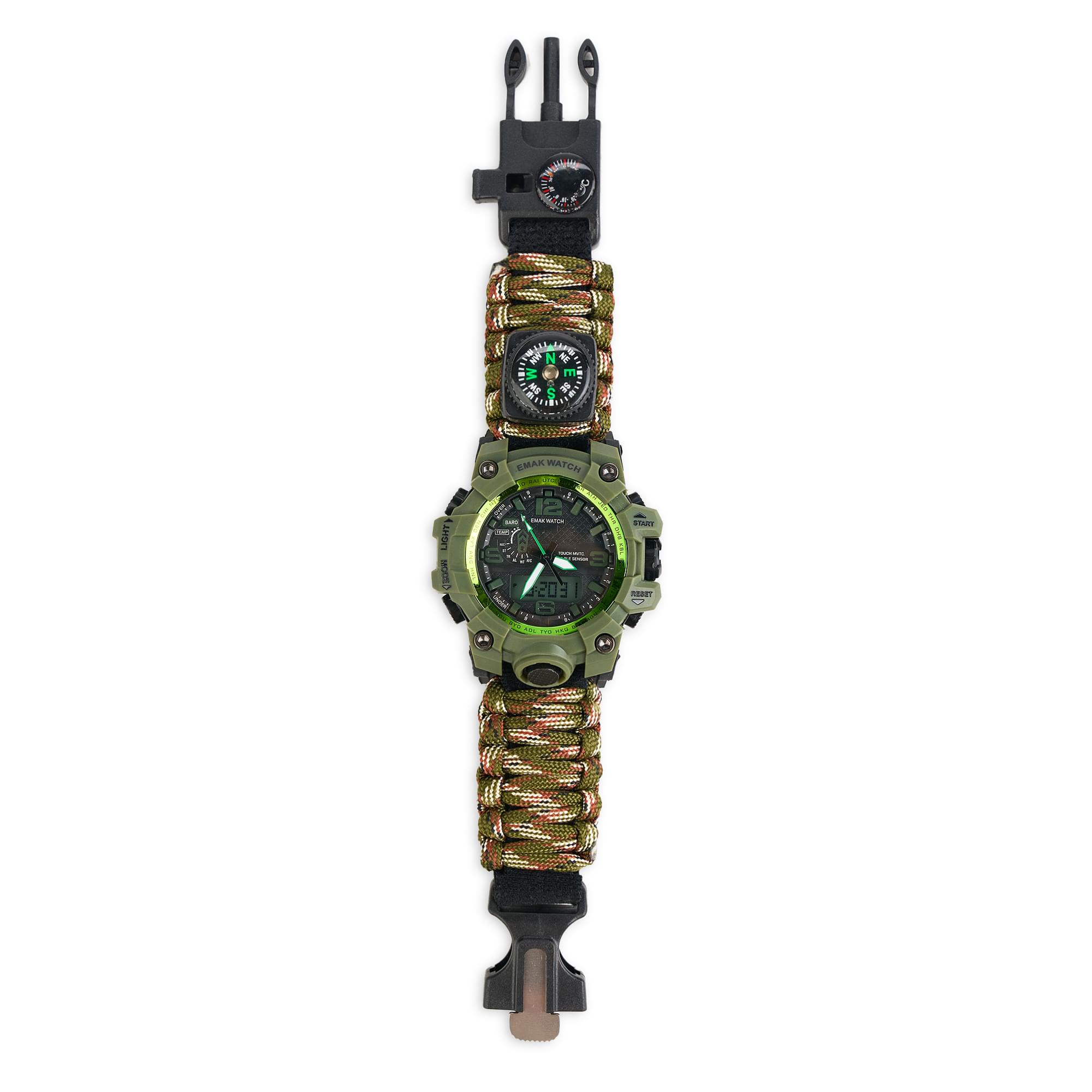 Ceas tactic supravietuire multifunctional, dual time, analogic si digital, cordelina, cremene, fierastrau, busola, onuvio® - light camo