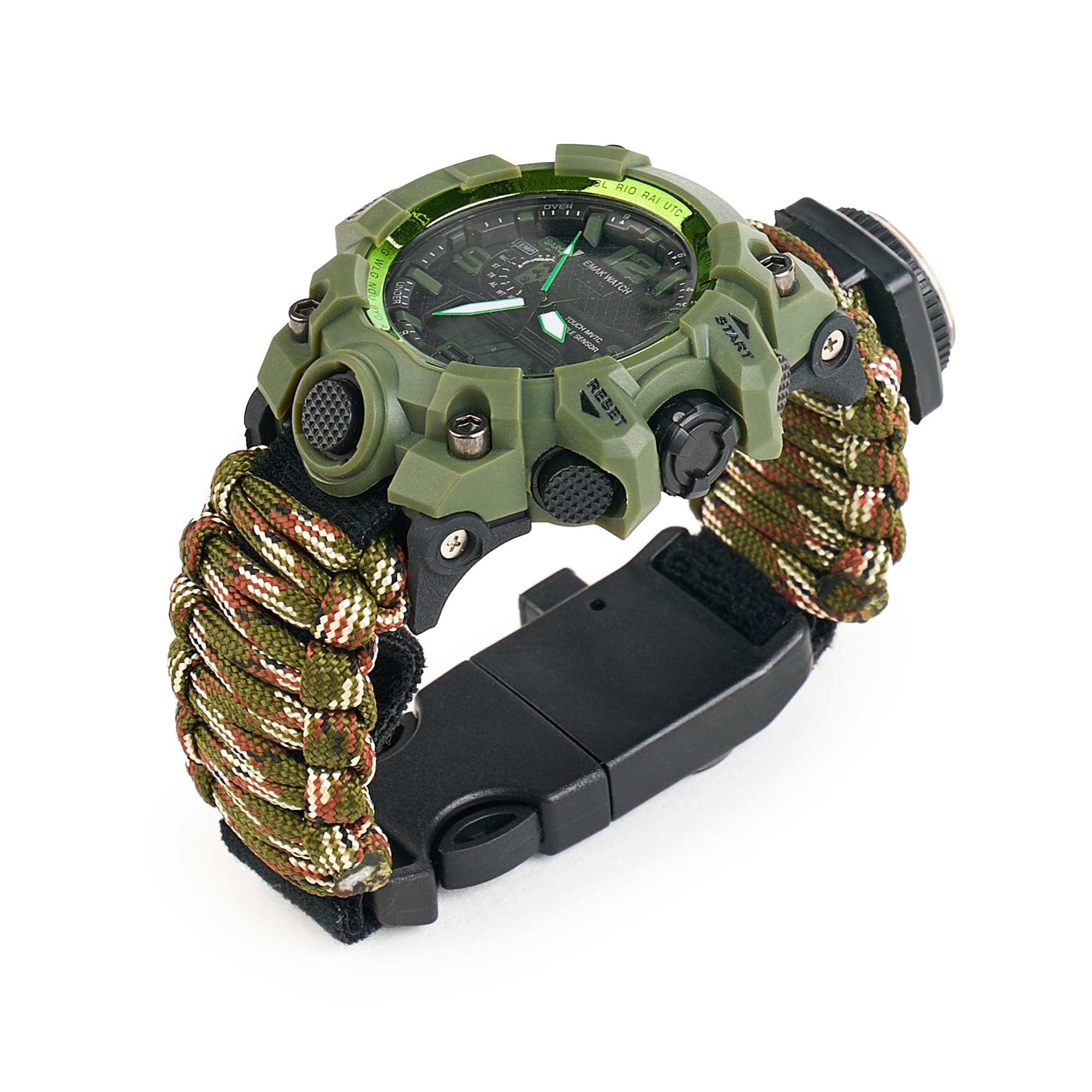 Ceas tactic supravietuire multifunctional, dual time, analogic si digital, cordelina, cremene, fierastrau, busola, onuvio® - light camo