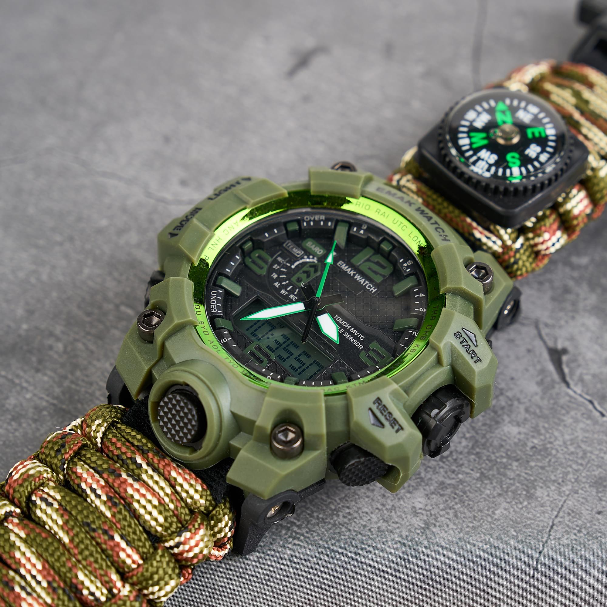 Ceas tactic supravietuire multifunctional, dual time, analogic si digital, cordelina, cremene, fierastrau, busola, onuvio® - light camo