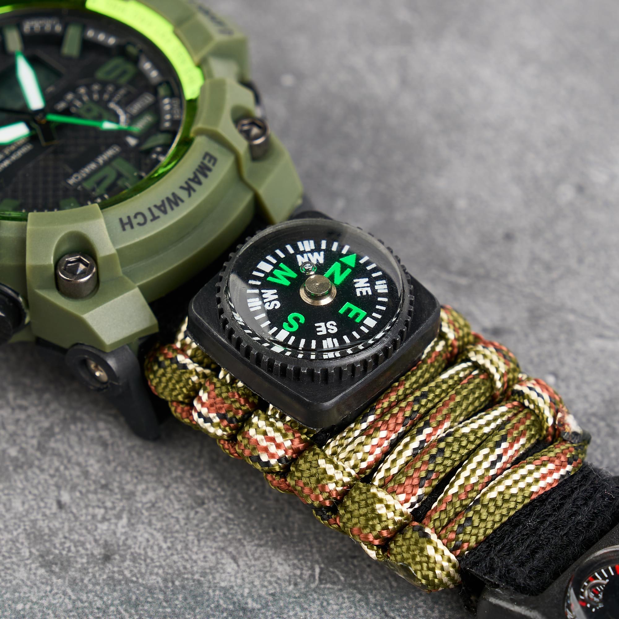 Ceas tactic supravietuire multifunctional, dual time, analogic si digital, cordelina, cremene, fierastrau, busola, onuvio® - light camo
