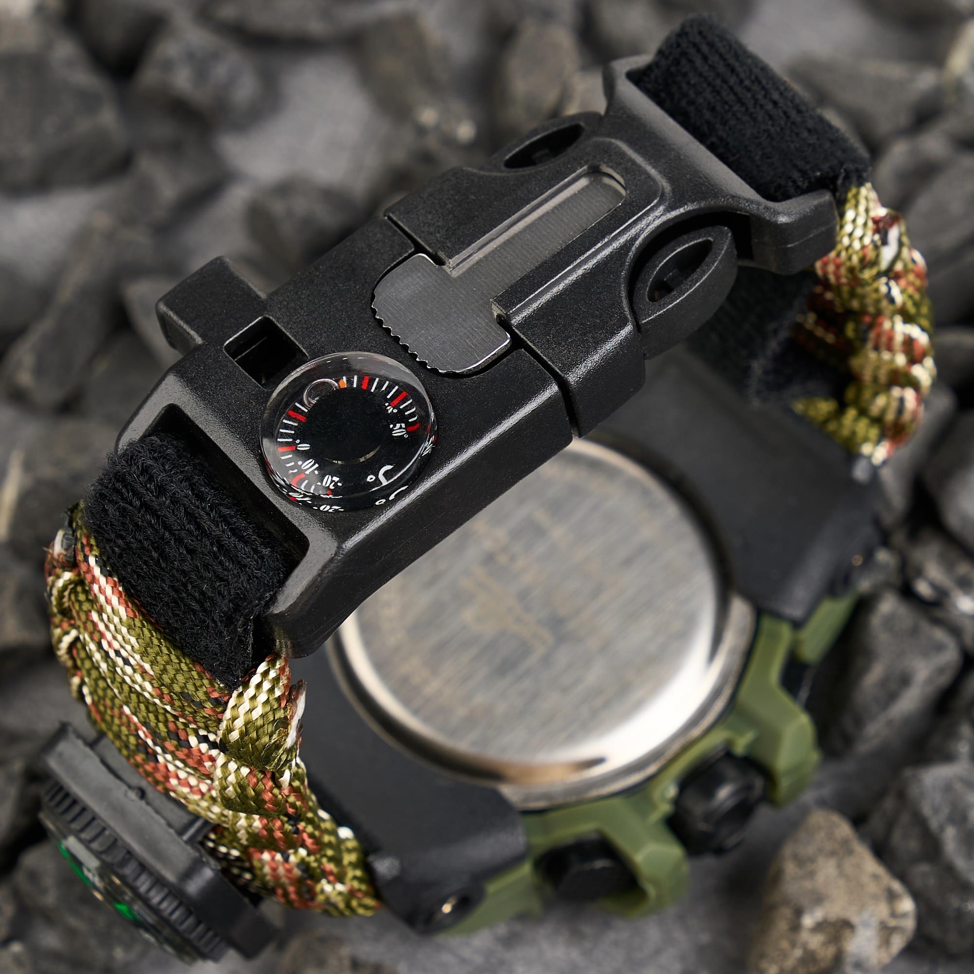 Ceas tactic supravietuire multifunctional, dual time, analogic si digital, cordelina, cremene, fierastrau, busola, onuvio® - light camo