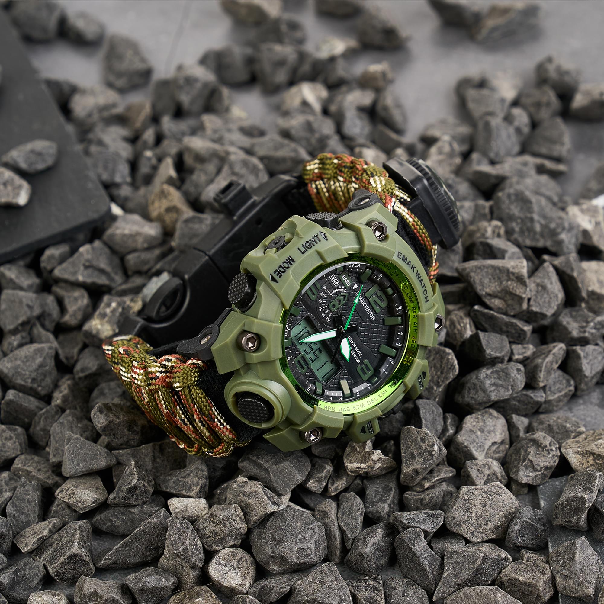 Ceas tactic supravietuire multifunctional, dual time, analogic si digital, cordelina, cremene, fierastrau, busola, onuvio® - light camo