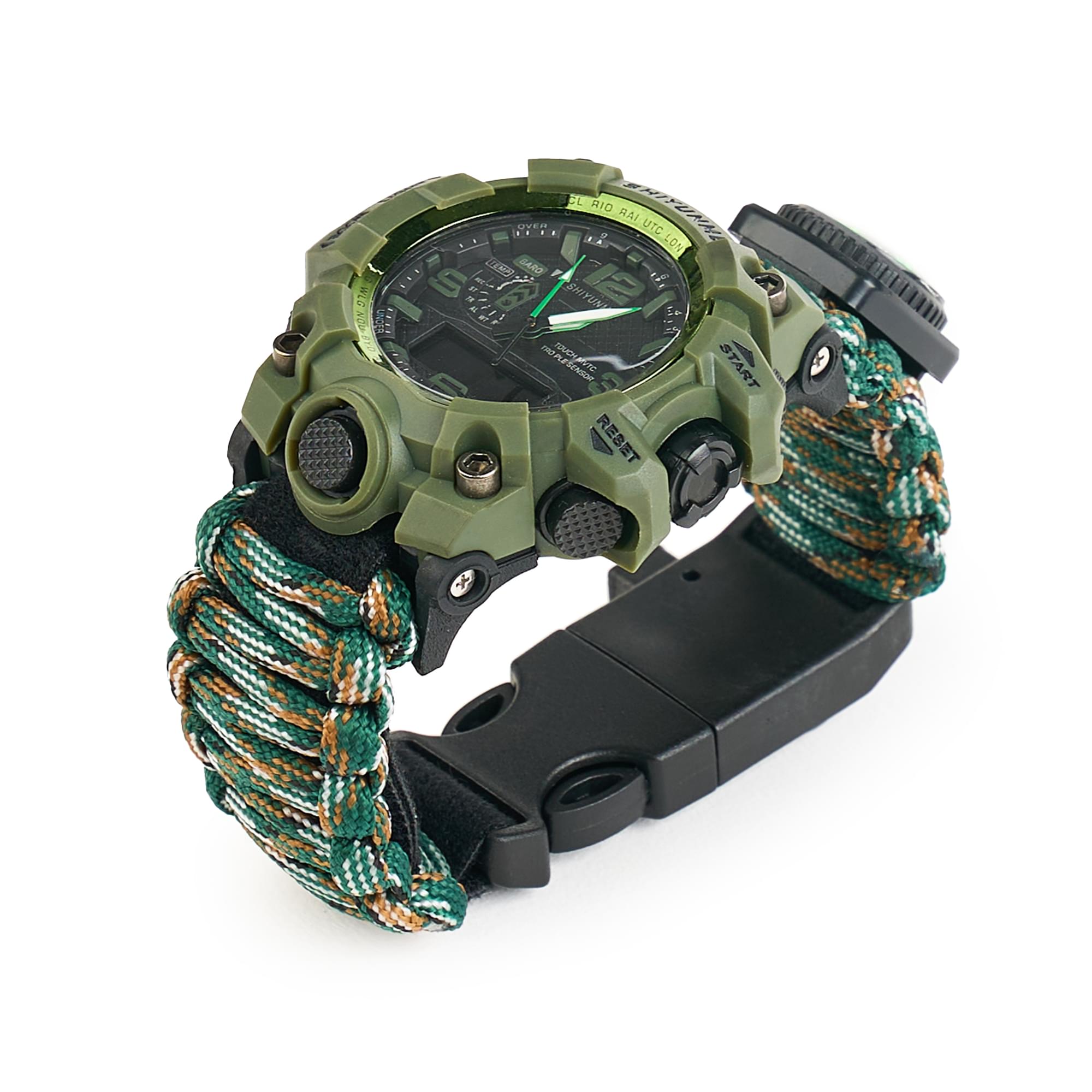 Ceas tactic supravietuire multifunctional, dual time, analogic si digital, cordelina, cremene, fierastrau, busola, onuvio® - wood camo